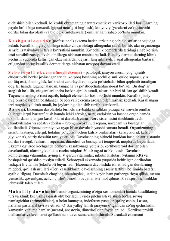 rinishiga qarab o‘tkir yoki o‘rtacha o‘tkir ekanligini aniqlash ancha mushkul. bunda kasallikning davom etishiga qarab shartli ravishda yuqoridagi turlarga ajratiladi. ekzemaning 6 haftagacha bo‘lgan davri o‘tkir va bundan keyingisi o‘rtacha o‘tkir hisoblanadi. surunkali ekzemaga klinik va gistologik jihatdan yallig‘lanish infiltratsiyasi xos, shu sababli zararlangan joy terisi zichlashib, qalinlashadi. infiltratsiyali, elastiklik xususiyati kam bo‘lgan terida oqish, sarg‘ish-jigarrang yoki qizg‘imtir po‘stloqlarni, ba’zan tuguncha va pufakchalarni uchratish mumkin. ma’lum bir noqulay omillar ta’sirida surunkali ekzemaning zo‘rayishi kuzailadi; bunda terining qizargan joyi ko‘payib, shish va toshmalar paydo bo‘ladi. ekzema har doim bir xil kechavermaydi. ba’zan u uzoq vaqtgacha o‘zgarishsiz qolaveradi. gohida toshmalar tez orada qaytib, uzoq vaqtgacha qayta toshmaydi. ekzema qaytalaganda kasallangan joydan boshqa sohalarini ham egallab olishi mumkin. d i s g i d r o t i k e k z e m a. qo‘l va oyoq kaftida mayda no‘xatdek qattiq pufakchalar hosil bo‘lishi bilan kechadi. teri salgina qizarib pufakchalar yoriladi va …