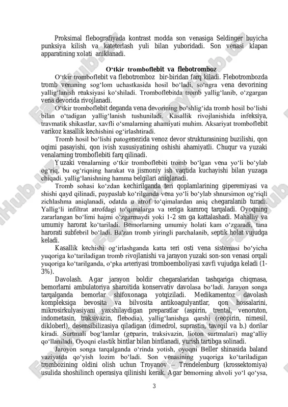 ta sekin dastlabki darajasiga kaytadi. 2. teri elektrotermometriyasi - kushimcha usul. varikoz venalar va tugunlar ustidagi teri xaroratining 0,3 - 0,5 ga yukoriligi oyokni solintirib utirishda temperaturalarning farki katta bulishi kayd kilingan. 3. termografiya birmuncha kul rang fontda okish uchastkalari kurinishidagi kengaygan venalarini aniklab beradi. 4. venoz kon okimi tezligini ulchash (lobelin sinamasi, kalsiy xlorid bilan kilinadigan sinama) preparat venaga yuboriladi, yurish vakti sekudamer bilan kayd kilinadi. yuborilgan preparatning tasnr belgilari paydo bulgandan keyyn (lobelin yuborilganda yutalish, kalsiy xlorid yuborilganda uziga xos ta'm va isiklab ketish sezgisi) sekundamer ishga solinadi. normada preparat ta'siri effekt 11-25 soniya utgach aniklanadi. varikoz kasalligida va tromboflebitda bu vakt bir muncha uzayadi. 5. flebografiya funksional sinamalari chukur venalarning utkazuvchanligi va kommunikant venalarning xolati tugrisida anik tasavur bermagan xollarda kullaniladi. kontarst modda vena ichiga yuboriladi. distal va proksimal flebografiya kullaniladi. distal flebografiyada kontrast moda (veregrafin, urotrast va b.) oyok panjasi loteral tomondagi venalarning biriga yoki medial …