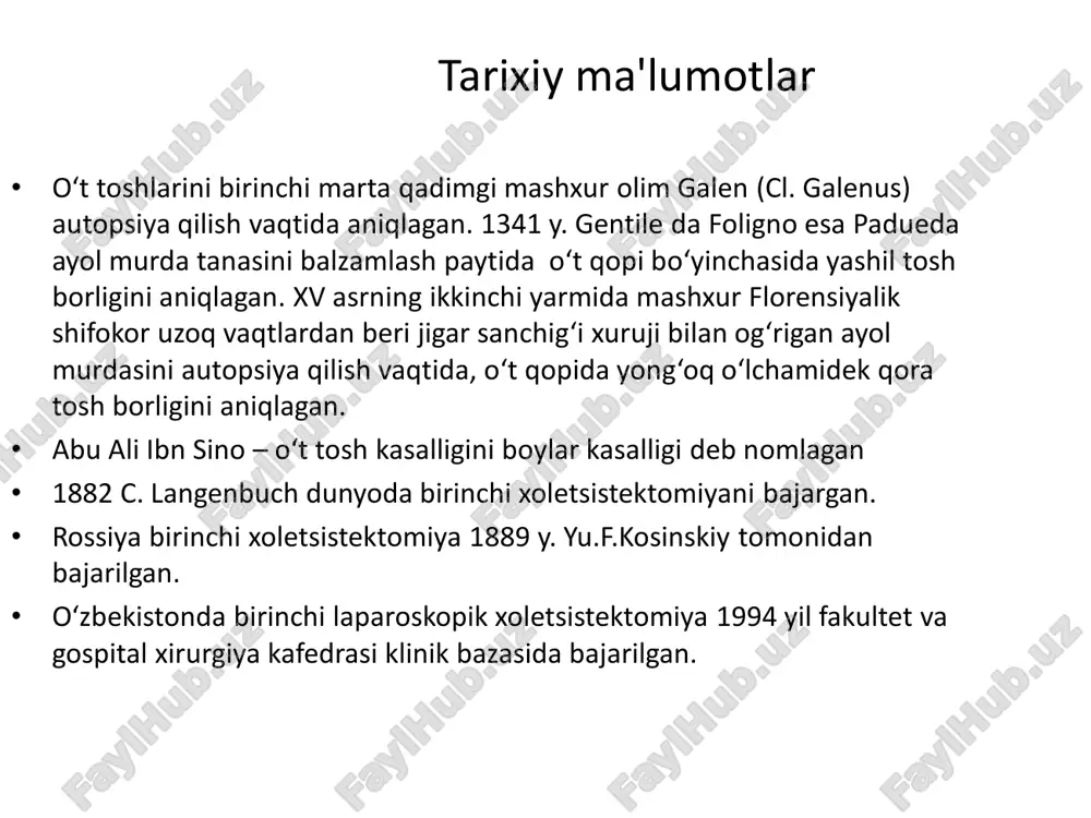 ndlash • ultratovushli tekshiruv (uzi) • kontrast rentgenografiya (xoletsisto-, xolangiografiya) • kompyuter tomografiya (kt) • laparoskopiya • magnit-rezonans tomografiya (mrt). o‘t pufagining normal manzarasi (uzi) 1. o‘t qopi bo‘shlig‘i 2. o‘t qopi devori 3. o‘t qopi yo‘li 4. jigar to‘qimasi o‘t pufagidagi toshlar (uzi) xoletsistografiya 1. o‘t qopi soyasi 2. umumiy o‘t yo‘li soyasi 3. umurtqa pog‘onasi 4. kovurg‘alar xoletsistografiya (o‘t qopida ikkita yirik tosh) 1. o‘t qopi 2. toshlar 3. qovurg‘a - organizm uchun nur zarari, - bemorni tekshiruvga tayyor- lashning lozimligi, - kontrast moddani doimo ham o‘t yo‘llarida to‘planmasligi, faoliyati buzilgan o‘t qopiga kontrast modda yig‘ilmaydi. salbiy tomonlari kompyuter tomografiya http://intl-radiographics.rsnajnls.org/cgi/content/full/20/3/751/f12b http://intl-radiographics.rsnajnls.org/cgi/content/full/20/3/751/f12b http://intl-radiographics.rsnajnls.org/cgi/content/full/20/3/751/f10a http://intl-radiographics.rsnajnls.org/cgi/content/full/20/3/751/f10a erpxg- endoskopik retrograd pankretiko- xolangiografiya atjoxg- antegrad teri va jigar orqali xolangiografiya teri va jigar orqali xoletsisto-, xolangiogafiya diagnostik laparoskopiya o‘tk asoratlari • o‘tkir xoletsistit, • xoledoxolitiaz, • mexanik sariqlik, • o‘tkir pankreatit, • xolangit, • o‘tli tarqalgan peritonit, • jigar yetishmovchiligi, • jigar …