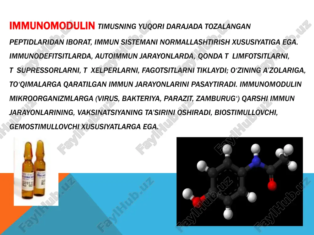 oshirish uchun ayniqsa bolalarga vitamin moddalari — askorbinat kislota, retinol, tokoferol, piridoksin, riboflavin, tiaminlar ham qo‘llanadi. glyukokortikoidlar, azatioprin va boshqa sitostatik moddalar immunodepressiv xususiyatga ega. glyukokortikoidlar limfotsitlar, ayniqsa t limfotsitlarning proliferatsiya bosqichini pasaytiradi, antigenni aniqlash, tanish qobiliyatini kamaytiradi. glyukokortikoidlar lizosoma membranalarini mustahkamlaydi, qondagi tlimfotsitlarni kamaytiradi, immunoglobulinni hosil bo‘lishiga to‘sqinlik qiladi. sitostatik immunodepressantlar dezoksiribonuklein kislota, ribonuklein kislota va oqsillarning hosil bo‘lishini susaytiradi. immunodepressantlar antitelo hosil bo‘lishini to‘xtata oladi, sust o‘tadigan allergiya, fanulyomalar bilan davom etadigan yallig‘lanish, shuningdek ko‘chirib o‘tkazilgan a’zo va to‘qimalarning ko‘chish jarayonlarini susaytiradi azatioprin — imuran kimyoviy tuzilishidan merkaptopuringa yaqin. sitostatik hamda immunodepressiv xususiyati bor. sitostatikta’siri kamroq, immunodepressiv xususiyati merkaptopuringa nisbatan ustunroq. yuqori mikdorda miya ko‘migining faoliyatini pasaytiradi, leykopeniya paydo qiladi. azatioprin asosan a’zolar, to‘qimalar ko‘chirib o‘tkazilganda, to‘qimalar birbiriga mos kelmaganda qo‘llanadi, ba’zi autoimmun kasalliklarda — nospetsifik revmatoid poliartritlarda, yarali kolit, qizil volchankani davolashda ham qo‘llanadi, davomli qo‘llanilganda ta’siri sezilarli bo‘ladi. azatioprinning nojo‘ya ta’sirlari: ko‘ngil aynaydi, bemor qayt qiladi, …