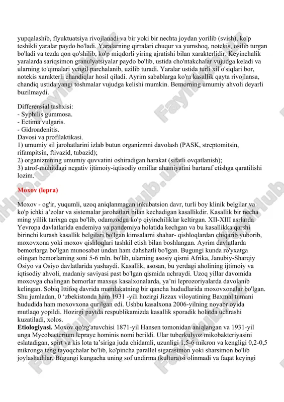 g'ijimlangan papiros qog4ozidek bo4lib, yaltirab turadi. do'mboqcha o'rnida yara paydo bo'lsa, uning atrof-chetlari yumshoq, osilib turadigan, osti notekis va ko4p miqdorda seroz-yiringli, yengil qonab turadigan ajralma ko'rinib turadi. chandiqlar yuzasida vaqt o'tib yangi do'mboqchalaming vujudga kelishi teri siliga juda xos belgidir. sil yugirigi kasalligi turli klinik ko'rinishda bo'lishi mumkin va bammasida ham regionar limfa tugun yallig'lanib, kattalashib, bir-biri bilan bog'lanib qoladi va bemor og'riq borligini sezadi. sil yugirigi yoshlikda boshlanib, ko'p yillar davomida surunkali, vaqti- vaqti bilan o'tkirlashib kechadi va terining anchagina qismini jarohatlashi natijasida, ko'proq ikkilamchi infeksiyalanish belgilari va ba’zan o'rnida xavfli o'smalar vujudga kelishi bilan ajralib turadi. tashxisi: 1. bemorning tashqi ko'rinishi. 2. ichki a’zolar tuberkulyozi. 3. teridagi do'mboqchalardan iborat toshmalar va klinik belgilar (olma jelesi va zond tushib ketish simptomlari). 4. teri biopsiyasi (granulema, kazeoz nekrozi). 5. sil mikobakteriyalarini izlash. differensial tashxisi: 1. lepra. 2. syphilis terciaria tuberculosa. 3. leishmaniosis cutis. skrofuloderma yoki kollik va tivteri sili …