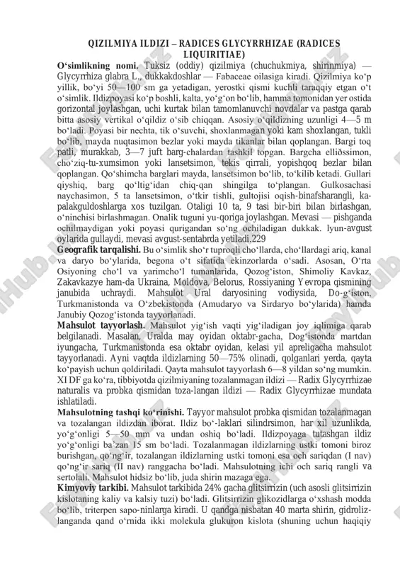 qoqining qirqilgan ildizi ishtaha ochuvchi, o‘t haydovchi va me’da kasalligida ishlatiladigan choy- yig‘malar tarkibiga kiradi. achchiq bodom urug‘i — semina amygdali amarae o‘simlikning nomi. bodom — amygdalus communis l. achchiq bodom urug‘i zaharli. uning tarkibida 2,5—3,5% amigdalin bo‘ladi. agar yosh bola 5—10 dona achchiq bodom urug‘i yesa zaharlanishi mumkin. odatda presslash usuli bilan bodom urug‘ining yog‘i olin-gandan so‘ng qolgan kunjaradan achchiq bodom suvi tayyor-lanadi. achchiq bodom suvini butun urug‘dan tayyorlasa ham bo‘ladi. achchiq bodom suvini olish uchun achchiq bodom kun-jarasi (yoki yog‘i olingan va maydalangan bodom urug‘i) tarki-bidagi amigdalinni emulsin fermenti ta‘sirida parchalash maq-sadida unga iliq suv solib, bir necha soat issiq joyga qo‘yib qo‘yiladi. so‘ngra glikozidning parchalangan mahsulotlari suv bug‘i yordamida haydab olinadi. distillatga o‘tgan tsianid kislota va benzoy aldegid o‘zaro birlashib, benzoaldegidtsian gidrit hosil qiladi (achchiq bodom suv tarkibidagi tsianid kislotaning 80% gacha yaqinini benzoy aldegid bilan birlash-gan, qolgani esa sof holda bo‘lishi mumkin). achchiq bodom suvi tarkibidagi …