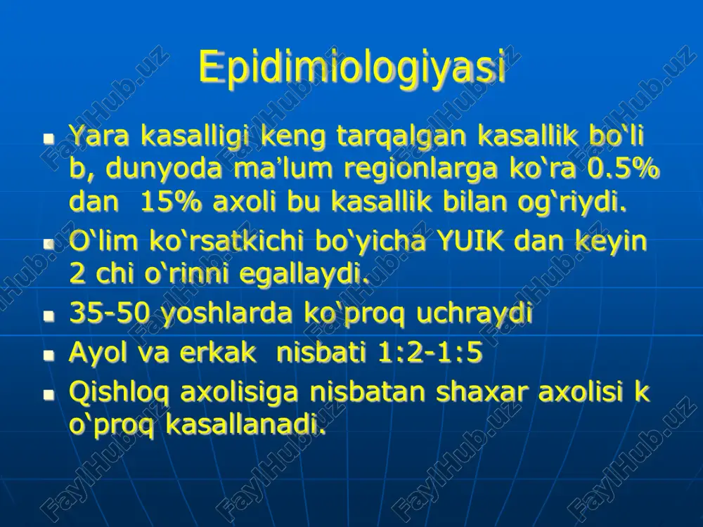 ,  2. davoli ovqat  3. dori-darmonlar bilan davolash patogeneti k tamoyil (prinsip) asosida bajariladi:  parda himoya faoliyatini, xujayralar regener atsiyasini va mahalliy qon aylanishni sozlash , xelikobakter piloriga qarshi antibakterial m oddalarni qo‘llash tavsiya qilinadi. % e g d s k u rs a tk ic h la ri a s o s id a 0 20 40 60 80 100 2 4 6 8 10 davo davomiyligi (xafta) 12 ppi h2rb platsebo p < 0.0005 proton pompa ingibitorlarini h2 gistamin retseptor blok atorlari bilan solishtirish tekshiruvi antasidlar (1) eriydigan antatsidlar: (a) magniy oksidi. (b) magniy karbonati. (v) magniy triksilikati. (g) vikalin, vikair (2) erimaydigan antatsidlar: (a) almagel yoki flatugel (b) fosfalyugel reparantlar - to‘qimada modda almashinishi ni yaxshilovchi vositalar (1) oksiferriskarbon natriy. (2) solkoseril (3) vinilin (4) oblepixa yog‘i (5) v1, v2, v6, v12, v15, s, a vitaminlar. shilliq pardani himoyalovchilar (1) sukralfat - alyuminiyning organik …