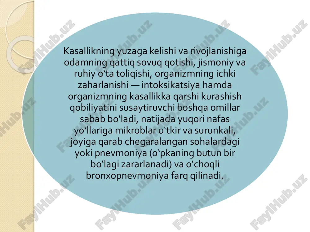 hi. ¢pkaning butun b¢lagi yoki b¢lakning katta  qismini qamrab olgan pnevmoniyada soyalanish bir tekisda, markaziy b¢aklarida kuchliroq. v stadii  razresheniya bosqichida yallig`lanish infiltratining ¢lchamlari va intensivligi kamayadi, ¢pka  ildizlari kengaygan b¢lishi mumkin.  spirografiya: o`qs kamayishi, mod oshishi.  ekg: kupchilik ulanishlarda t tishcha va st intervalining pasayishi, ii va iii ulanishlarda amplitudasi  baland b¢lgan r tishcha paydo b¢lishi zotiljam bilan xomiladorlarni olib borish taktikasi. davolashning tarkibiy qismlari: zotiljamga shubxa qilingan barcha homiladorlarni kasallikni og‘ir kechishi va noxush natijaga o‘tib ketish extimoli yuqoriligi sababli 2-3 darajali statsionarga gospitalizatsiya qilinishi kerak 1. antibakterial terapiya; 2. virusga qarshi terapiya; 3. respirator qo‘llab-quvvatlash; 4. gemodinamik parametrlar korreksiyasi; 5. simptomatik terapiya. markaziy pnevmoniya (i tipdagi pnevmokokk bilan chaqirilgan pnevmoniya. reanimatsiya va intensiv terapiya bo‘limiga gospitalizatsiya qilish ko‘rsatmasini aniqlovchi sh mezonlari. «kichik» mezonlar: nafas chastotasi > 30/min.; • pao2/fio2 ≤ 250; multilobar infiltratsiya; • es-xushning buzilishi; uremiya: mochevina qoldiq azoti ≥ …