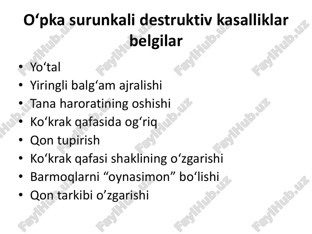 n; • aralash. • 3. soni bo‘yicha: • bitta; • ko‘plab. • 4. jarayonni tarqalishi bo‘yicha: • bir tomonlama • ikki tomonlama. • 5. klinik kechishi bo‘yicha • bek bronxitik davri; • keskin rivojlangan klinik o‘zgarishlar davri; • asoratlar davri. klinik ko‘rinish. anamnez axamiyati • bemor anamnezidan tez tez nafas yo‘llarining yallig‘lanish kasalliklarini ayniqsa yoshlik davrdan o‘tkazib kelganligini aniqlasa bo‘ladi. shikoyatlar • bemorni asosiy shikoyati bu yiringli yoki shilliq yiringli balg‘am ajralish bilan yo‘tal. balg‘am ko‘pincha sassiq xid bilan ko‘proq ertalab uyg‘ongandan keyin ajraladi. yoki bu ajralish ma'lum bronxlarni drenajlovchi xolatda kupayadi (masalan sog‘ tomonda yotganda). • balg‘am miqdori kasallik fazasidan bog‘liq bo‘lib u 30 ml dan (remissiya davrida) 100—500 ml va undan ko‘p (avj olgan davr) bo‘lishi mumkin. shikoyatlar • 25—34% kasallarda ikkinchi bir axamiyatli shikoyatlardan bu bemorlarda qîí òóôèðèø bo‘ladi. ayrim kasallik xollarida (quruq bronxoektazlarda) bu belgi yagona belgi bo‘lib qoladi. • bronxoektatik kasallik xurujida tana xarorati oshishi, …