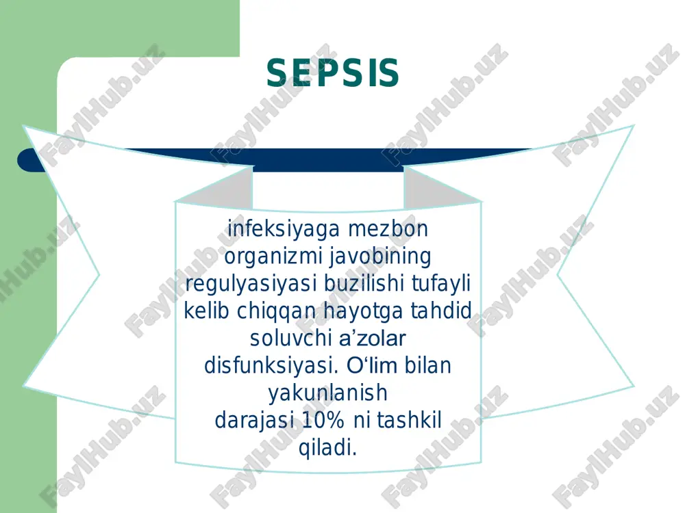 iotomiyadan keyingi infeksiya § nekrotik fassiit § tos abssessi § bachadon bo‘ynidagi chok infeksiyalanishi § amniotsentez, kordotsentez akusherlik sepsisi va septik shoki rivojlanishining asosiy xavf omillari homiladorlik bilan bog‘liq bo‘lmagan, biroq, ko‘proq homiladorlik davrida kuzatiladigan infeksiyalar § pastki siydik chiqarish yo‘llarining infeksiyalari § pielonefrit § bezgak (malyariya) § listerioz § virusli gepatit e § zotiljam § koksidioidomikoz § aspiratsion zotiljam homiladorlik davrida ko‘zda tutilmagan infeksiyalar shifoxonadan tashqari zotiljam § oiv-assotsiatsiyalangan infeksiyalar § toksoplazmoz § sitomegaliya § oshqozon-ichak infeksiyalari § tarqalgan gerpetik infeksiya § nozokomial (davolash muassasasida orttirilgan) zotiljam akusherlik sepsisi va septik shoki rivojlanishining asosiy xavf omillari shifoxona ichi infeksiyalari, shu jumladan, ridb § ventilyator assotsiatsiyalangan zotiljam § siydik chiqarish yo‘llarining kateter assotsiatsiyalangan infeksiyasi § magistral qon tomirlarini kateterizatsiyalash bilan bog‘liq bo‘lgan infeksiyalar § periferik qon tomirlarini kateterizatsiyalash bilan bog‘liq bo‘lgan teri va yumshoq to‘qimalarining infeksiyalari § operatsiya jarohati infeksiyalanishi sepsisning asosiy mustaqil xavf omillari quyidagicha (aqshda o‘tkazilgan populyasion tadqiqotning …