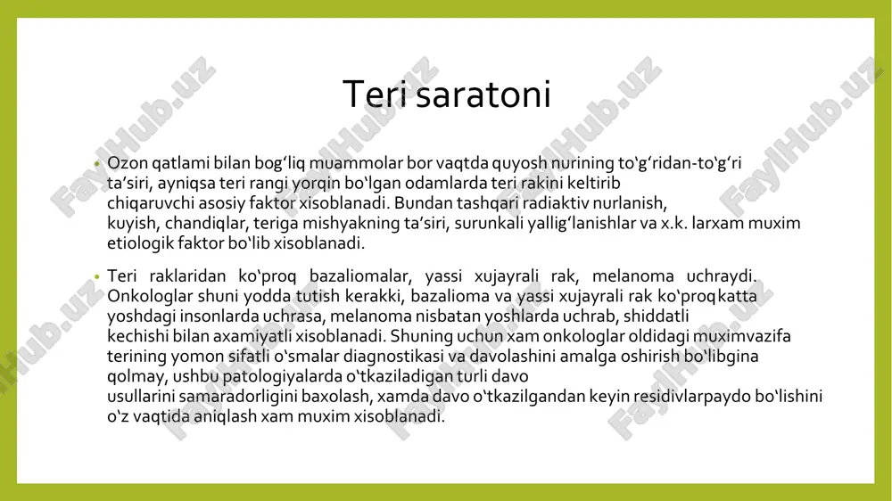 uzilmalarga xam utadi (tog‘ay, muskul, suyak); • n0 — regionar limfa tugunchalarida zararlanish belgilari yuk • n, — kuzgaladigan limfa tugunlarida metastazlar bor; • n2 — qarama-qarshi tomondagi kuzgaladigan limfa tugunchalarida yoki xar ikki tomonda metastazlar bor; • m0 — uzokdashgan metastazlar aniklanmaydi; • m, — uzokdashgan metastazlar bor (qarama-qarshi tomondagi limfa tugunchalari xam xisobga olinadi). teri saratoni ekzofit va endofit usishi bilan ajralib turadi. ekzofit usmalar teri ustida tugun yoki karam kurinishida usadi. endofit usma yuzadan chukurga tarqalib, ichkari tuk,imalarga kirib boradi va yaraga aylanadi. teri saratonining asosiy gistologik turlari: yassi yoki bazal xujayralardan iborat. ular uzlarining biologik xususiyatlari bilan bir-biridan farq qiladi. patomorfologik tuzilishi. klinik manzarasi. • teri saratoni kupincha terining ochik joylarida, 70% dan kuprok xolda esa yuz terisida paydo buladi. saratonning yuz terisida eng kup paydo buladigan joylari bu peshona, burun, kuz burchaklari, chakka va kulok suprasidir. tana, kul yoki oyok terisida 5—10% xolda uchraydi. teri …