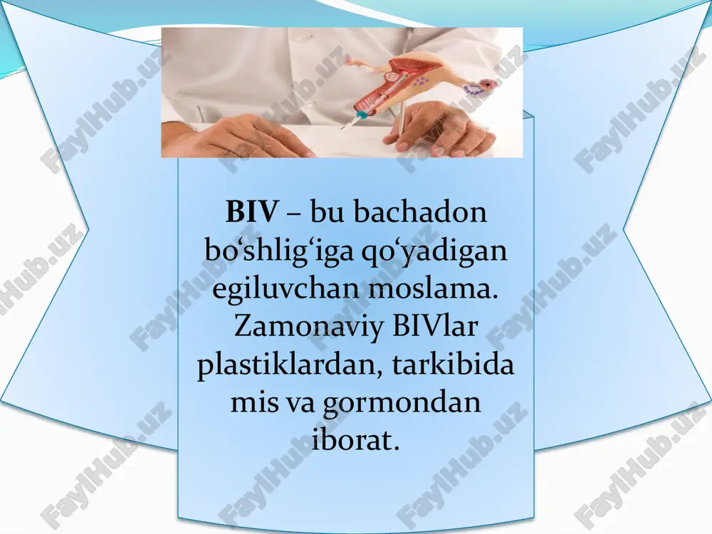 zunligi o‘lchovi aniqlanadi  agar ko‘rsatma bo‘lsa rektovaginal ko‘ruv o‘tkaziladi  qo‘lqoplar echiladi va dezinfeksiya qilinadi  mikroskopik tekshiruvga ko‘rsatma bo‘lsa o‘tkaziladi  qo‘l sovun bilan yuvilib, sochiqqa artiladi  steril paketda biv tayyorlanadi  qo‘lga engil qo‘lqop kiyiladi  bachadon bo‘yniga kirish uchun ko‘zgular qo‘yiladi  bachadon bo‘yni va qin antiseptik eritma bilan obrabotka qilinadi  bachadon bo‘yni sekin asta qisqichlar bilan qisiladi  bachadon zondi kiritilib, chuqurligi va pozitsiyasi aniqlanadi  biv “o‘ziga tortish” usuli bilan qo‘yiladi  iplari kesib, qisqich va ko‘zgular olinadi  ishlatilgan instrumentlar xlor eritmasida zararsizlantiradi  instruksiyaga binoan axlatlar tashlanadi  agar qo‘p martalik qo‘lqop ishlatilsa, xlor eritmasida zararsizlantiriladi  qo‘l sovun bilan yuviladi  bemor tibbiy kartasiga yozib qo‘yiladi qo‘yishdan so‘nggi muolajalar. 1.ishlatilgan intrumentlarni xloramin eritmasiga zararsizlantirish uchun 10 minutga soling. 3.qo‘l qoplarni echib xloramin eritmasiga soling. 5.biv kartochkasiga yozuv qoldiring. 2.chiqindilarni yoqib tashlang(paxta, marle) 4.qo‘lingizni sovunlab yuving va quruq sochiqqa arting. …