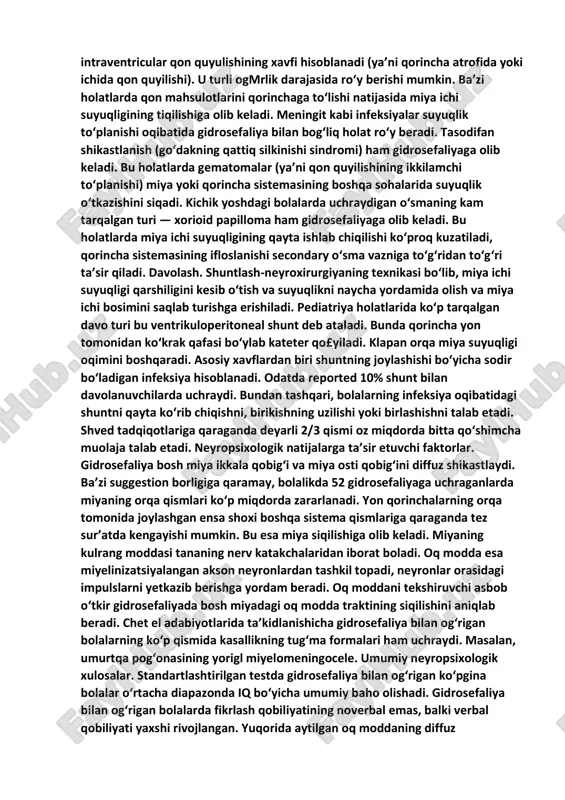 tegishliki, chanoq ichki bosimining oshishi davridan so‘ng qorincha tizimi muvozanatini o‘rnatish yoki jarrohlik yoli bilan yoki ichki sabab tufayli yuz berishi mumkin. bunday compen-sated yoki nonprocressive gidrosefaliya kabi atamalar kopincha bu holatlarni tasvirlash uchun ishlatiladi. adabiyotda normal gidrosefaliya uchun boshqa atamadan foydalaniladi. histori-cally xulosasiga ko‘ra, yoshi katta bemorlarda yurish muammosi hamda siydik tuta olmaslik bilan bogliq. ba’zi mualliflarning qayd etishicha, bu surunkali gidrosefaliya atamasining ta’rifi faol, lekin sekin o‘sib boruvchi jarayon bolib, bolalikdan mavjud boladi. gidrosefaliya bilan bogliq tibbiy sharoitlar. tug‘ma holatlar. chaqaloqligida gidrosefaliya aniqlangan bolalar uchun common etiologiyasi asab tizimi nuqsoni, dendi-uoker sindromi va aqueductal stenozini o‘z ichiga oladi. ko‘pincha encoun—tered nerv kanali nuqsoni umurtqa pog'onasi yorigl hisoblanadi. belning bifidi har qanday tug‘ma holatlarga tegishli bolib, umurtqa suyagining kerakli tarzda berkilmaganligidir. umurtqa pog‘onasi yoriglning jiddiy turi meningomiyelocele bolib, bunda orqa miya umurtqa orqali chiqib keladi. bu tashxisga ega 75% bolalarda gidrosefaliya mavjud (reigel & rotenstein 1994). asab buzilishidagi naychaning …