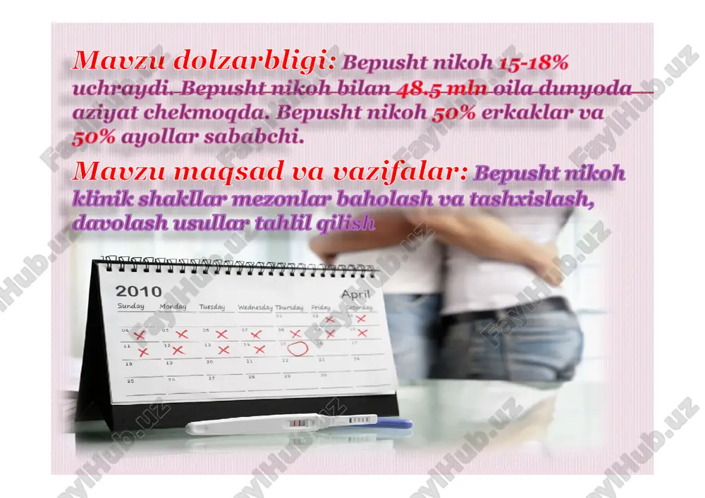 avolashdavolash shaklishakli davolashdavolash rejasirejasi bachadonbachadon nay nay bepushtlikbepushtlik 1.1. bachadonbachadon nay nay ampulyarampulyar bo’limbo’lim okklyuziyasidaokklyuziyasida laparoskopiyalaparoskopiya.. 2.2. bachadonbachadon nay nay istmukistmuk vava intramural intramural 2.2. bachadonbachadon nay nay istmukistmuk vava intramural intramural bo’limbo’lim okklyuziyasidaokklyuziyasida -- brtbrt bachadonbachadon bepushtlikbepushtlik 1.1. bachadonbachadon bo’shliqbo’shliq sinexiyasinexiya jarrohlikjarrohlik usulusul giisterorezektoskopiyagiisterorezektoskopiya anovulyatoranovulyator bepushtlikbepushtlik 1.1. klomifenklomifen bilanbilan ovulyatsiyaovulyatsiya stimullashstimullash:: 50mg 1tab 50mg 1tab hayzhayz 5kunidan 5kun5kunidan 5kun 2. 2. xorionxorion gonadotropin gonadotropin follikulafollikula yorilishyorilish qo’llashqo’llash 5000 5000 –– 10000 ed 10000 ed hayzhayz 9 , 11 ,13 9 , 11 ,13 kunikuni 3kun m/o.3kun m/o. 3. 3. follikulometriyafollikulometriya vava bachadonbachadon endometriyaendometriya qalinlikqalinlik nazoratnazorat qilinadiqilinadi �bepusht nikoh tasnifi �bepusht nikoh tashxis assismentassisment kt 27 yoshli ayol farzandsizlik shikoyat qildi. jinsiy hayot 23 yoshdan. eri sog’lom. 3 yil oldin 2 oylik homilasi tushgan. bir necha marta bachadon ortiqlar yallig’lanish davolangan. tashxis va davolash taktika , bepusht nikoh ayollar xos klinik belgilar? � a) amenoreya � b) galaktoreya � d) …