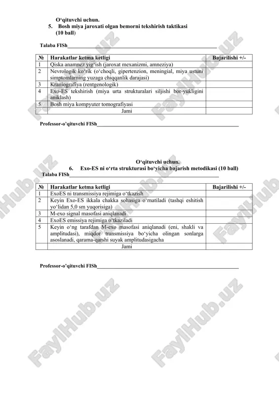 ilishi +/- 1 umurtqalar o‘tkir o‘siqlari paypaslanib eng og‘riqli sohalar aniqlanadi 0 2 soha yod va spirt bilan ketma-ket ishlov beriladi 0 3 paravertebral 2,0 ml novokain 0,5% bilan infiltrativ anesteziya limon po‘chog‘i hosil qilinadi 0 4 keyin in’eksion igna paravertebral butun chuqurlikka sanchiladi va 0,5% novokain 40,0 ml gacha yuboriladi 0 5 keyin in’eksion igna olinadi va plastir bilan bekitiladi 0 jami 0 professor-o’qituvchi fish_______________________________________________________ o‘qituvchi uchun. 8. kvekkenshtedta probasini bajarish metodikasi (10 ball) talaba fish__________________________________________________________ № harakatlar ketma ketligi bajarilishi +/- 1 lyumbal punksiya bajariladi 2 likvor bosimi manometrda ulchanadi, mm suv ustunida. 3 buyintiriq venalari bosiladi. 4 likvor bosimi manometrda kayta o‘lchanadi. 5 likvor bosimi keskin oshib keskin tushishi probani manfiyligi, subaraxnoidal blok yo‘kligini kursatadi. bosim uzgarmasligi proba musbatiligi va to‘lik subaraxnoidal blokligini ko‘rsatadi. qisman oshishi qisman blok. jami professor-o’qituvchi fish_______________________________________________________ o‘qituvchi uchun. 9. boshni sochli qismida birlamchi jarrohlik ishlov (bji) (10 ball) talaba fish__________________________________________________________ № harakatlar …