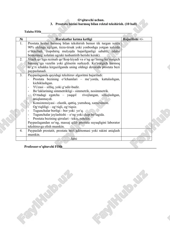 rostatit, prostata bezi adenomasi yoki rakini aniqlash mumkin. jami professor-o’qituvchi fish_______________________________________________________ o‘qituvchi uchun. 4. erkaklarda qovuqni elastik kateter yordamida kateterlash (10 ball) talaba fish__________________________________________________________ № harakatlar ketma ketligi bajarilishi +/- 1. qovuqni kateterlash bemorni kurakga yotkazilgan xolatda qilinadi. 2. kateterlashga ko‘rsatma bo‘lib siydik tutilishi xisoblanadi. bundan tashqari, qovuqni kateterlash qovuqga dori moddalarini va rentgen kontrast dorilarini kiritish uchun xam qilinadi. 3. erkaklarda qovuqga kateterni kiritish texnikasi: olat boshchasi yon tomonidan chap qo‘lning ikki barmog‘i bilan (3-4 barmoqlari) ushlanadi va uretraning shilliq qavatidagi burmalarni to‘g‘rilash uchun salgina oldinga tortiladi. uretraning tashqi teshigi va olat boshchasiga ishlov berilgandan keyin o‘ng qo‘ldagi pinset bilan steril librikant yoki glitserin surkalgan kateter qovuqga uretra orqali kiritiladi. 4. qovuqni kateterlashga qarshi ko‘rsatma bo‘lib uretrorragiya, o‘tkir uretrit, o‘tkir sistit, o‘tkir prostatit xisoblanadi. jami professor-o’qituvchi fish_______________________________________________________ o‘qituvchi uchun 5. sistostomik (qovuq) drenajni parvarish qilish.(10 ball) professor-o’qituvchi fish_______________________________________________________ № harakatlar ketma ketligi bajarilishi +/- 1. sistostomik (qovuq) drenaj, uning …