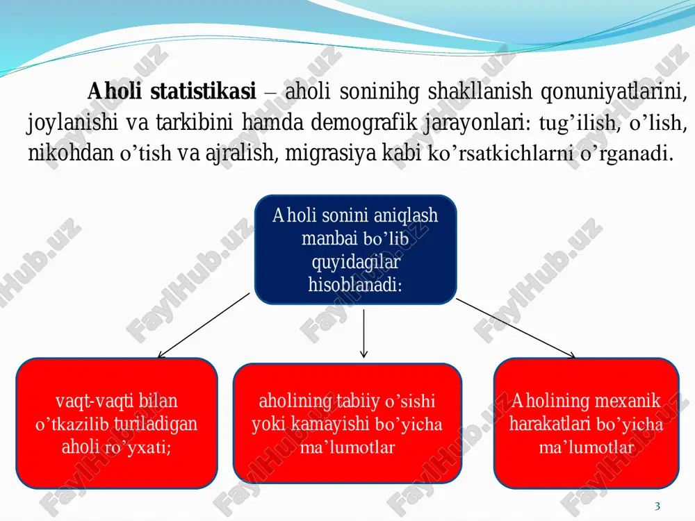 bal usulda hisoblashda aholining yil boshidagi soni(a0), tabiiy o’zgarish(kto’) yoki umumiy o’zgarishi koeffitsientlari boshlang’ich ma’lumot vazifasini bajaradi. hisoblash quyidagicha bajariladi: 14           '2 1 ' 01 1 1 to to k k aa           '2 1 ' 12 1 1 to to k k aa bu erda a1 va a0-aholining joriy yil oxiridagi va keyingi yil boshidagi soni; 'tok -tabiiy o’zgarish (yoki umumiy o’zgarish) koeffitsientlari; 15 10 '2 1 ' 1          a k k to to 101  aa - joriy yilda aholi sonining qo’shimcha o’zgarishi, ya’ni 21 '2 1 ' 1          a k k to to - keyingi yilda qo’shimcha o’zgarishi lozim bo’lgan aholi soni, ya’ni 212  aa yoshni siljitish usulida aholining …