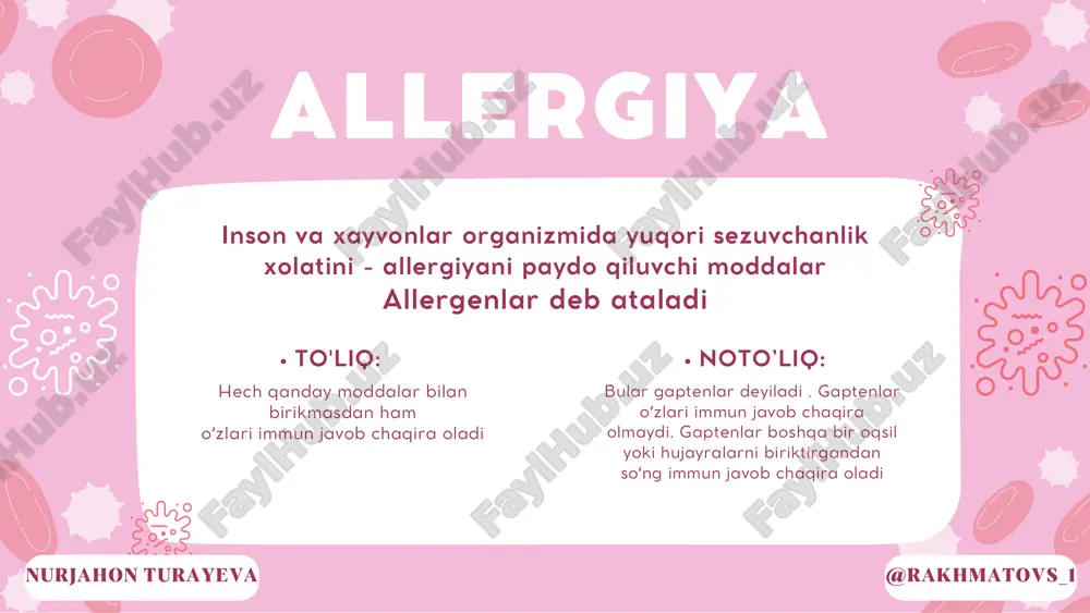 sentizlanuvchi mediatorlar ltb4,ltc4, ltd4 bronxospazm pgd4 - bronxospazm ltb4 - neytrofillar uchun ximotaksis lt larning qon tomirlarni oʻtkazuvchanligini oshirish effekti gistaminlarnikidan 1000 marta yuqori @rakhmatovs_1nurjahon turayeva 3-bosqich → patafiziologik bosqich boshlangʻich fazasi 5-20 daqiqada boshlanadi 1 soatdan keyin klinik belgilar sekinlashishni boshlaydi mediatorlar ta'sirida klinik belgilar kelib chiqadi kechki bosqich 2-24 soatda rivojlanadi sitokinlar asosida kechadi @rakhmatovs_1nurjahon turayeva 1- tip allergik reaksiya kechishiga koʻra mahalliy umumiy allergik rinit, faringet, konyuktivit, ekzema, bronxial astma, eshak yem anafilaktik shokda, dorilar tasirida @rakhmatovs_1nurjahon turayeva 1.gemodinamika buziladi- ab pasayadi qon tomirlarning umumiy qarshiligi pasayadi qon tomir o’tkazuvchanligi oshadi 2.mikrosirkulyatsiya buziladi 3. bronxaspazm anafilaktik shok @rakhmatovs_1nurjahon turayeva atopik dermatit atopik dermatit atopik triada uchta kasallikdan iborat: atopik dermatit, bronxial astma va allergik rinit (rinokonunyuktivit). ushbu kasalliklar triadani tashkil qiladi, chunki ular orasidagi bog'liqlik ilmiy jihatdan isbotlangan. ularning bog'likligi har ucchalasida ham ige antitelolari miqdori oshishi va shu asosida kelib chiqadigan immun reaktsiyalarni ko'rishimiz mumkin atopik …