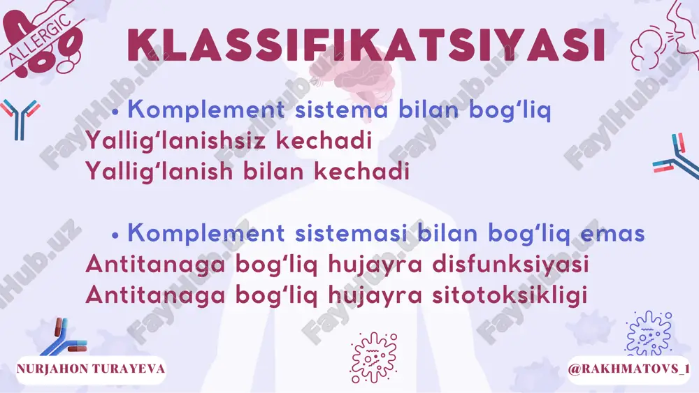 h bo'lishi mumkin. simptomlari: xansrash, afoniya, yo'tala olmaslik( sekret ajrata olmaslik) : juda xarakterli. qorachiq kengayishi : xarakterli. qon bosimi: o'zgarmaydi mushaklar fassikulyatsiyasi : xarakterli emas qorinda ogʻriq, ich ketish, qayd qilish : xarakterli emas. miastenik kriz uchun shoshilinch terapiya vena ichiga 0,5-1,0 ml prozerinning 0,05% eritmasini yuborish, so'ngra mushak ichiga 2-3 ml bir xil eritma yuborishdan iborat. o'pkaning sun'iy ventilyatsiyasini tashkil qilish ham muhim lekin prozerin qo'llaganda dozasiga etibor berish kerak chunki ortiqcha qo'llash miastenik krizni> xolinergik krizga o'tib ketishiga sababchi bo'lishi mumkin. nurjahon turayeva @rakhmatovs_1 xolinergik kriz simptomlari: xansrash, afoniya, yo'tala olmaslik( sekret ajrata olmaslik) : xarakterli emas. qorachiq kengayishi: xarakterli emas. puls: bradikardiya qon bosimi: pasayib ketadi. mushaklar fassikulyatsiyasi : xarakterli. qorinda ogʻriq, ich ketish, qayd qilish: tezda yuzaga chiqadii. xolinergik kriz da birinchi yordam: zudlik bilan prozerin preparatini bekor qilish. mushak orasiga yoki vena ichiga kasal holatiga qarab 0,5-1,0ml 0,1 % atropin eritmasidab qo'llash. agar zarurat …