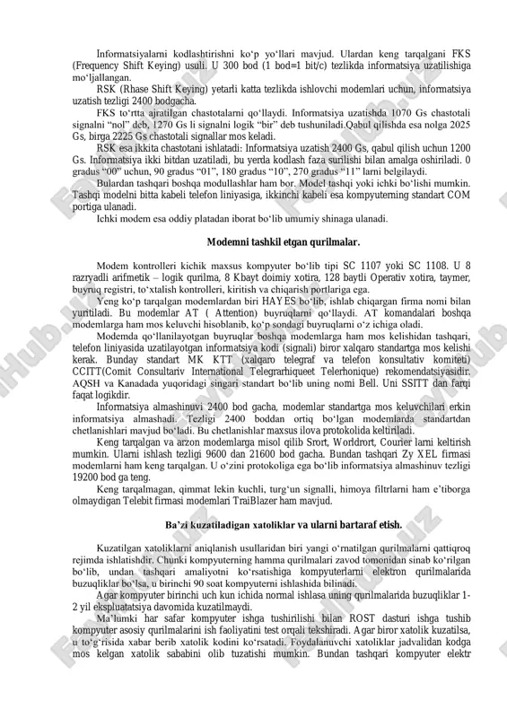 a chop etish va printer uchun ishlatiladi. bu bilan asosan cetronics, betronics, hp, hewlett- packard firmalari tomonidan ishlab chiqariladi. ular 1284.3-2000 va 1284.4-2000 standartiga asoslangan. ishchi rejimlari spp (standart paralell port) — bir yo‗nalishli port, to‗laligicha cetronics interfeysi bilan mos tushadi. nibble mode — spp rejimida ikki yo‗nalishli ma‘lumotlar almashinishga asoslangan (4 baytli) qo‗shimcha qurilmalar bilan jihozlangan byte mode — ba‘zida qo‗llaniluvchi ieee 1284 standartiga asoslangan eski kontrollerlardan ikki tomonlama ma‘lumot almashish uchun foydalaniladi. epp (enhanced parallel port) —ishchi qurilma intel, xircom va zenith data systems — firmalariga tegishli ikki tomonlama ma‘lumot almashish, 2 mbayt/sekund tezlikda yesr (extended capabilities port)— ishchi qurilma hewlett-packard va microsoft kompaniyalari, qo‗shimcha ravishda ma‘lumotlarni siqish appatiga ega va dma rejimida ishlovchi qurilma tarmoq kommutatori (tcp/ip port) yoki svitch (switch - qo‗shmoq, qayta ulagich)- kompyuter tizimlarida bir necha uzellarni bir segmentda birlashtirish uchun mo‗ljallangan qurilma. konsentratorlardan asosiy farqi bitta qurilmaga berilgan ma‘lumotlar kommutator orqali boshqa kommutatorlarga …