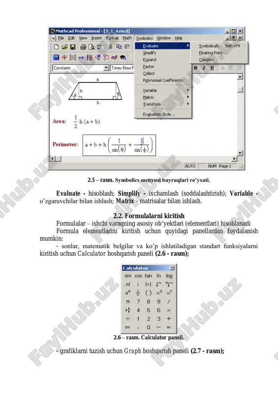 laniladi. formulalar kiritish namunalari 2.13 – rasmda keltirilgan: 2.13 – rasm. mathcad ga formulalarni kiritishga oid namunalar. 2.15 – rasmda dekart va qutb koordinatalari sistemasida ikki va uch o’lchovli grafiklarni yasashga doir misollar keltirilgan. a) dekart koordinatalar sistemasida ikki o’lchovli grafik. b) trigonometrik funksiyaning ikki o’lchovli grafigi. c) dekart koordinatalar sistemasidagi parametrik grafik. d) qutb koordinatalari sistemasidagi grafik. e) uch o’lchovli sirt grafigi. f) uch o’lchovli sirtning vektorli grafigi.