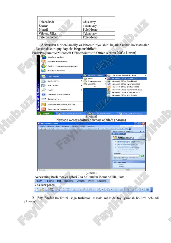 tekstoviy dars jadvali pole memo ma’lumotlar jadvali strukturasi quyidagicha bo’lishi mumkin: imya polya tip polya talaba kodi chislovoy shaxar tekstoviy manzil pole memo viloyat, ulka tekstoviy telefon nomeri pole memo accessdan birinchi amaliy va laboroto’riya ishini bajarish uchun ko’rsatmalar. 1. access dasturi quyidagicha ishga tushiriladi: pusk/programmi/microsoft office/microsoft office access 2003 (1-rasm) (1-rasm) natijada access dasturi darchasi ochiladi (2-rasm). (2-rasm). accessning bosh menyu qatori 7 ta bo’limdan iborat bo’lib, ular: vositalar paneli: 2. fayl/sozdat bo’limini ishga tushirsak, masala sohasida fayl yaratish bo’limi ochiladi (3-rasm): (3-rasm): novaya baza dannix... bulimini tanlaymiz. natijada yangi ma’lumotlar omborini yaratish darchasi ochiladi (4-rasm). (4-rasm) dastur yangi faylga db1 degan nom taklif qiladi. bu darchaga talaba deb kiritamiz va faylni saqlash uchun biror papkani (masalan, moi dokumenti) ko’rsatib sozdat tugmasiga bosamiz. bunda talaba nomli ma’lumot ombori yaratiladi (5-rasm): (5-rasm) 3. jadvallar yaratish uchun asosan konstruktor rejimidan foydalanamiz. strukturasi shablonda ko’rsatilgan talabalar nomli jadvalni yaratish uchun jadval yaratishning …