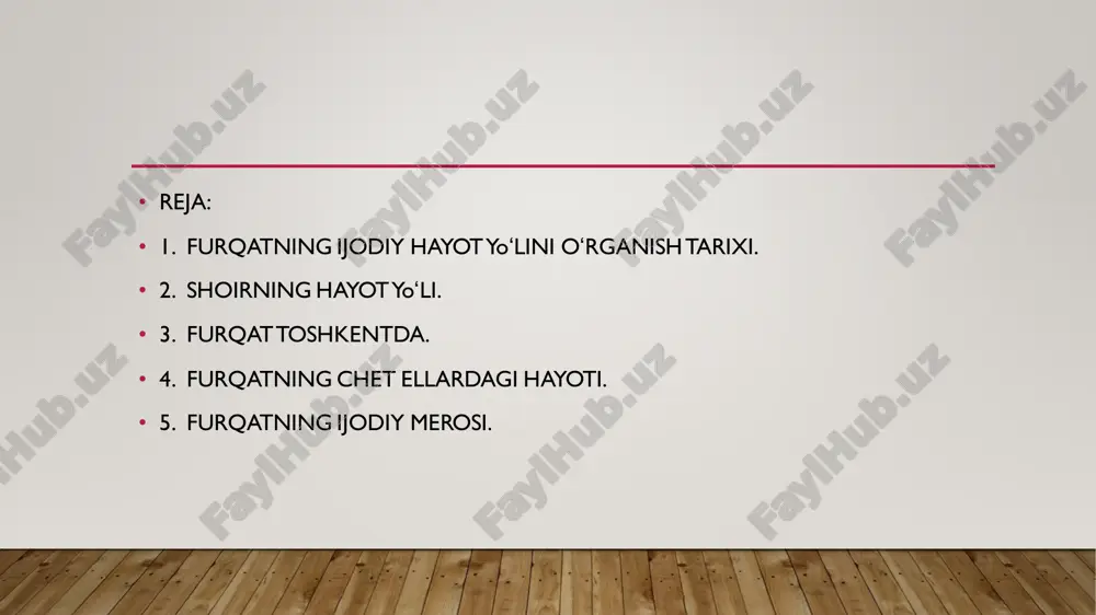 i bor istar ko’ngul.furqat ijodini o’rganish davomida u yaratgan lirik qahramonning eng muhim xususiyati- hayotni sevishi ekanini kuzatishimiz mumkin. u hayotga doim yaxshi tomondan qarashga, uning go’zalliklaridan bahra olishga intiladi. yor-mashuqa, va uning husn-u latofati, noz-u karashmalari haqidagi qo’shiq shu hayot go’zalliklarining timsoli sifatida namoyon bo’ladi. furqat lirikasiga xos bo’lgan bu chuqur lirizm uning quyidagi misralarida ham to’la namoyon bo’ladi: do’stlar, aysh-u tarab, fasli bahor istar ko’ngul, har kuni sahroda sayr-u lolazor istar ko’ngul, aylamak har sori ohular shikor istar ko’ngul, kabk raftorin ko’rarg’a ro’zsor istar ko’ngul, dog’i xursand etgusi har neki bor istar ko’ngul. slide 1: jdpu oʻzbek tili va adabiyoti fakulteti 613-21(304)-guruh talabasi mamatkarimova madina slide 2: mavzu: furqat lirikasi. slide 3 slide 4 slide 5 slide 6 slide 7 slide 8 slide 9 slide 10 slide 11 slide 12 slide 13 slide 14