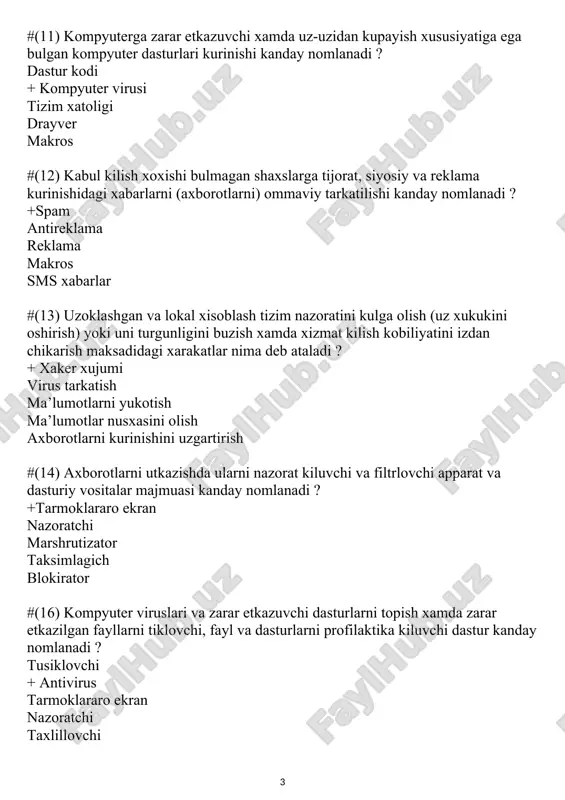 ? tusiklovchi + antivirus tarmoklararo ekran nazoratchi taxlillovchi #(17) foydalanuvchining login va parollari, maxfiy ma’lumotlaridan foydalanish maksadidagi internet-firibgarlik kanday nomlanadi ? xaker xujumi virus tarkatish ma’lumotlarni yukotish + fishing axborotlarni kurinishini uzgartirish #(18) axborotlar yoki ularni kayta ishlash vositalarining tugriligi, ochikligi, yaxlitligi va maxfiyligini kullab-kuvvatlashga erishish bilan boglik bulgan aspektlar kanday nomlanadi ? xavfsizlik siyosati aloka kanallarini ximoyalash +axborot xavfsizligi tizim xavfsizligini boshkarish ruxsatlarni nazorat kilish vositalari #(19) elektron xujjatdagi imzo nima deb ataladi ? shifrlash imzosi kriptografik imzo axborotni kriptografik ximoyalash imzosi oddiy imzo +elektron rakamli imzo #(20) avp "laboratorii kasperskogo", nod 32, doctor web, mcafee dasturlari kanday dasturlar turiga kiradi ? ofis ilovalari. + antivirus dasturlari. internet tarmogiga ulanish dasturlari. administrator nomidan yuklanadigan dasturlar. elektron xujjatlar almashishda kullaniladigan dasturlar. #(21) foydalanuvchi ish joyida bulmagan paytda uning kompyuterini ximoyalash mumkin bulgan usulni kursating: +ekran zastavkasi yordamida internetni uzib kuyish tarmok administratori yordamida kompyuterni uchirib kuyish tugri javob yuk #(22winrar …