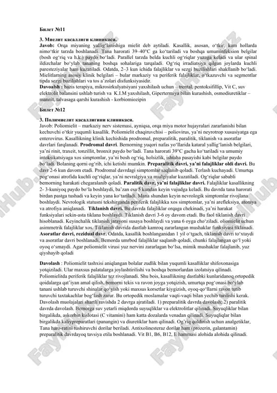 hqalab, xurujlarni bartaraf etishga urinadi. og‘riq xurujlari yuzning qaysi qismida paydo bo‘lishiga qarab, zararlangan nervni aniqlab olish mumkin. uch shoxli nervning 1-shoxchasi zararlanganda og‘riq xuruji ko‘z yorig‘ining ichki burchagida kuzatiladi, 2-shoxchasi zararlansa, yuqori jag‘ sohasida (ba’zan faqat burun terisida), 3-shoxchasi zararlansa, pastki jag‘ sohasida (ba’zan faqat iyak sohasida) paydo bo‘ladi. davosi: karbamazepin tab 200 va 400 mg. dan chiqadi. 1 va 2-kun 3 max. 100 mg dan, 3-kun 200mg dan 2 max, 5-kun 200mg dan 3 max, 7-kun 200 mgdan 4 max. bilet №7 3.n.medianus nervining zararlanish klinikasi. javob: yelka chigalidan ajralib chiqadigan nerv - n. medianus bilak va tirsak nervi zararlanadi, n. medianus zararlanishi uchun «maymun panjasi» simptomi xos, ushbu nerv zararlanganda kuchli og’riqlar, muskullar atrofiyasi va kuchli vegetative buzilishlar kuzatiladi, bemor qo‘lini musht qila olmaydi, bosh va ko‘rsatkich barmoqlari bukilmaydi, 1- va 5-barmoqlar uchini bir-biriga tegiza olmaydi. bilakni pronatsiya qilish qiyinlashadi. qo‘l panjasining radial yuzasi va 1-, 2-, …