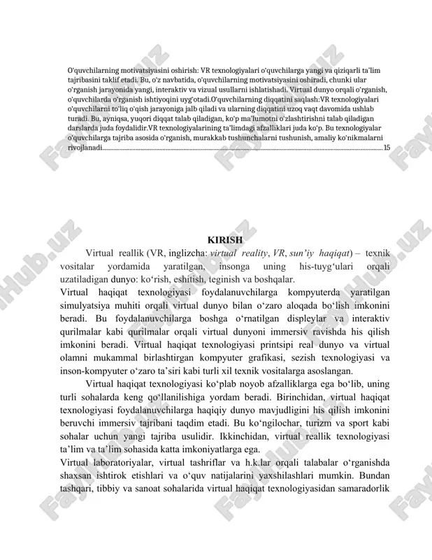 a tematik parklar kabi sohalar foydalanuvchilarga yanada chuqurroq tajriba taqdim etish uchun virtual haqiqat texnologiyasini keng qo‘llashni boshladi. ta’lim sohasida virtual haqiqat texnologiyasi o‘quvchilarga turli mavzularni yanada yorqinroq o‘rganishga va ta’lim effektlarini yaxshilashga yordam beradi. i bob. vr texnologiyalar 1.1 vertual texnalogiya haqida umumiy tushuncha. qurilish va sanoat sohalarida virtual haqiqat texnologiyasi ish samaradorligini oshirish va xarajatlarni kamaytirish uchun muhitni loyihalash va simulyatsiya qilish uchun ishlatiladi. tibbiyot sohasi, shuningdek, tiklanish jarayonini tezlashtirish uchun jarrohlik simulyatsiyasi va reabilitatsiya davolash uchun virtual haqiqat texnologiyasidan foydalanmoqda.virtual haqiqat texnologiyasi cheksiz rivojlanish salohiyatiga ega. uskuna uskunalari takomillashib borishi va xarajatlarning kamayishi bilan virtual haqiqat texnologiyasi yanada mashhur bo‘ladi. bundan tashqari, virtual reallik texnologiyasi sun’iy intellekt, narsalar interneti va blokcheyn kabi boshqa ilg‘or texnologiyalar bilan birlashtiriladi.virtual haqiqat texnologiyasi va sun’iy intellektning kombinatsiyasi yanada aqlli virtual sahna o‘zaro ta’siriga erishadi va shaxsiy tajribani ta’minlaydi. virtual reallik texnologiyasi va narsalar interneti kombinatsiyasi virtual olam va real dunyo o‘rtasida …