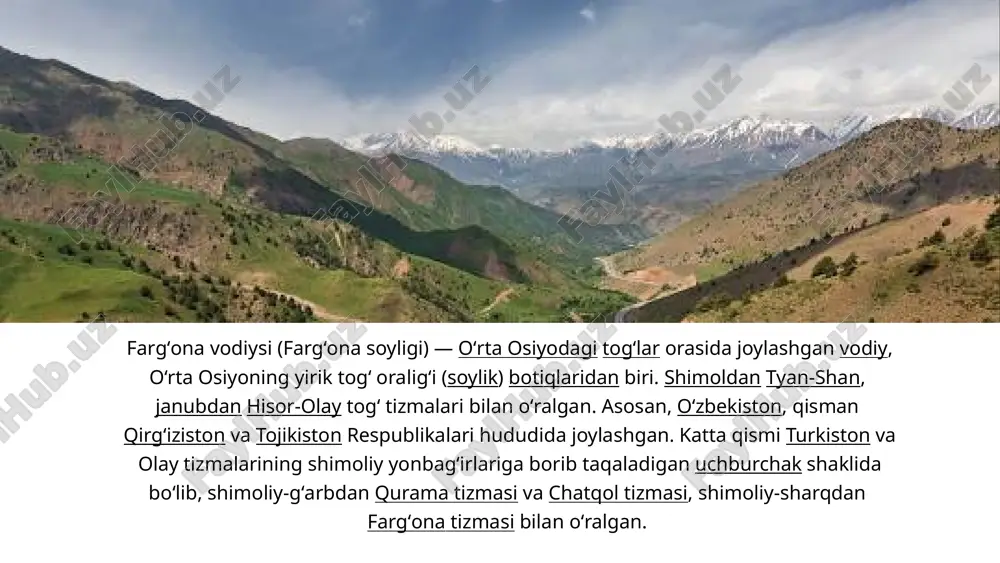 g 64%, ipak gazlamalarning 45%i fargʻona vodiysida yetishtirildi. iqtisodiy rayonda qishloq xoʻjaligi bilan bir qatorda sanoat ham rivojlandi. u asosan agrosanoat majmuasi ehtiyojlari, ya'ni paxta mashinasozligi, mineral o'g'itlar ishlab chiqarish, xomashyoni qayta ishlash hisobiga rivojlangan. ular orasida yengil sanoat, paxta tozalash va kimyo sanoati bor. 1980-yillarda respublikada 1635 ta sanoat korxonasi faoliyat koʻrsatgan boʻlib, ularning 90 foizi aholi zich joylashgan vodiylarda joylashgan edi. bu vodiylar respublika hududining atigi 10 foizini tashkil qilgan. shuning uchun sanoat e’tibor uchun rahmat image1.jpeg image2.png image3.svg image3.png image4.png image6.svg image5.png image6.png image7.png image8.png image9.png image10.png image11.png image12.png image13.jpeg /docprops/thumbnail.jpeg
