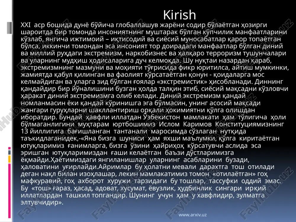 'z hukmini o'tkazib, davlatni qulatuvchi, hokimiyatga erishishda parokandalikka olib keluvchi g'oyasidan foydalanish bilan xarakterlanadi. xx asr oxiri xxi asr boshlariga kelib terrorchilik alohida olingan davlat yoki mintaqa doirasidan chetga chiqib, halqaro miqyosda uyushgan tashkilot darajasigacha ko'tarildi. ular ezgulik g'oyalariga qarshi, muxolif g'oya sifatida uyushib insoniyat taraqqiyotiga havf solayotgan halqaro tashkilotga aylanib ulgurdi. www.arxiv.uz o'rta asrlar davrida siyosiy terrorchilik diniy mazmundagi terrorchilik bilan qo'shilib ketgan edi. chunki, o'sha davrlarda hukmdorlar ham diniy hamda dunyoviy hokimiyatni o'yg'unlashtirib boshqarganlar. islomda muhammad s.a.v vafotidan keyinga to'rtta halifadan faqatgina abu bakr siddiq o'z ajali bilan vafot etgan. qolgan halifalar umar ibn xattob, usmon ibn affon va ali ibn abu toliblar ham siyosiy muholiflari tomonidan terroristik yo'l bilan o'ldirilganligini ko'rish mumkin. o'rta asrlarda harbiy evropada ham muqaddas «injil» g'oyalariga shak keltirganlar «rim papasi» tomonidan terror qilingan. yoki xviii asrlarga kelib diniy ma'rifat o'rniga dunyoviy bilimlarning jamiyatdagi o'rni ko'chayishi, dunyoviylikka asoslangan siyosat qaror topishi bilan siyosiy terror …