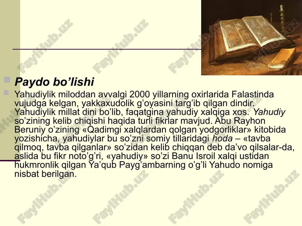 osimlari va bayramlari. yahudiylar o’zlarining yahvega nisbatan sodiq ekanliklarini isbotlash uchun bir necha rasm-rusumlarni ijro etadilar. ular yillik va kunlik ibodatlardan, bayramlardan, marosimlardan iborat. ibodat uyda ham sinagogada ham birday olib boriladi. yahudiylar sinagogasining sharqiy tomonida toraning nusxalari saqlanadigan sandiq va ravvin uchun minbar qo’yilgan. ayollar erkaklardan alohida ibodat qiladilar. sinagogada ibodat xor shaklida olib boriladi. yahudiy marosimlari va bayramlari. yahudiylar o’zlarining yahvega nisbatan sodiq ekanliklarini isbotlash uchun bir necha rasm-rusumlarni ijro etadilar. ular yillik va kunlik ibodatlardan, bayramlardan, marosimlardan iborat. ibodat uyda ham sinagogada ham birday olib boriladi. yahudiylar sinagogasining sharqiy tomonida toraning nusxalari saqlanadigan sandiq va ravvin uchun minbar qo’yilgan. ayollar erkaklardan alohida ibodat qiladilar. sinagogada ibodat xor shaklida olib boriladi. o’rta osiyodagi yahudiylar. ma’lumki, yahudiylar o’rta osiyoga qadim zamonlardan ko’chib kelganlar. ularning bu kelishlari haqida turli xil rivoyatlar mavjud. ularning ichida umum e’tirof etilganlaridan biri shuki, yahudiylar bu mintaqaga eron orqali kirib kelganlar. bu xalqning o’rta osiyoga …
