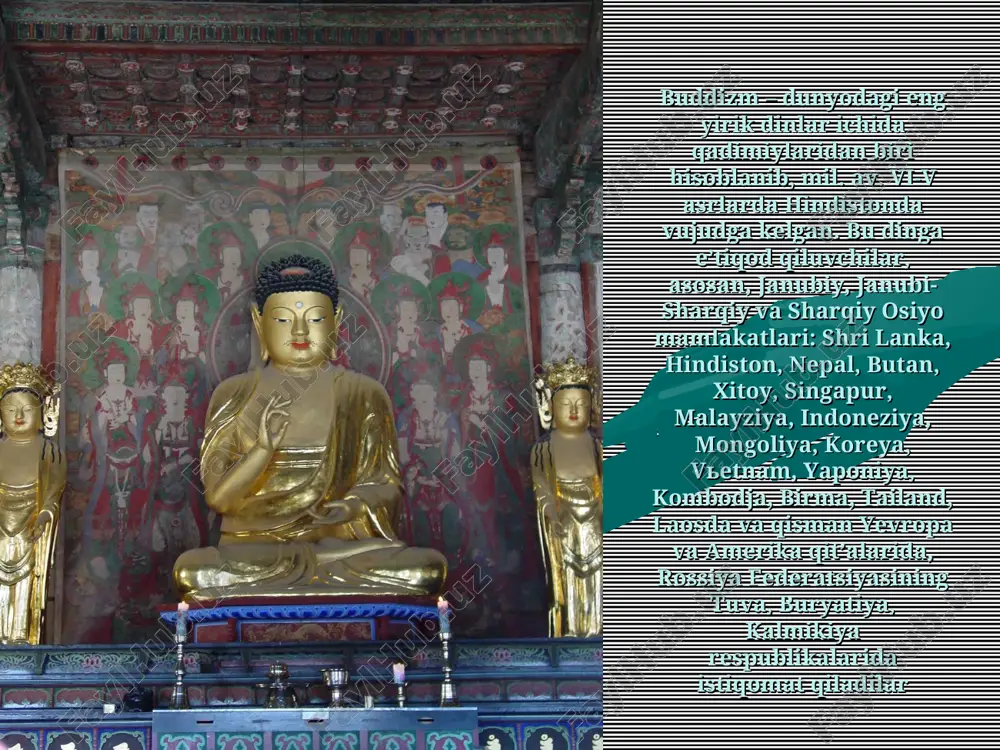 boshqalarga zarar yetkazib qo’yishdan saqlanishga intilish; o’zini to’g’ri tutish – o’ziniki bo’lmagan narsaga ko’z olaytirmaslik, ortiqcha hissiyotga berilmaslik; to’g’ri anglash – o’z tanasi va ruhiga o’zini yo’qotib qo’ymaydigan darajada nazoratda bo’lish hamda bunda ehtiroslar va iztiroblarga chek qo’yish; to’g’ri harakat qilish – o’zidagi yomon tuyg’ularni jilovlash hamda ezgu tuyg’ular va harakatlarni rivojlantirish; to’g’ri hayot kechirish – noma’qul hayot tarzidan saqlanish; to’g’ri fikr yuritish – kamolotning to’rt bosqichini ketma-ket bosib o’tish; to’g’ri gapirish – yolg’ondan, tuhmatdan, haqoratdan va befoyda gaplardan saqlanish buddizm – dunyodagi eng yirik dinlar ichida qadimiylaridan biri hisoblanib, mil. av. vi-v asrlarda hindistonda vujudga kelgan. bu dinga e’tiqod qiluvchilar, asosan, janubiy, janubi-sharqiy va sharqiy osiyo mamlakatlari: shri lanka, hindiston, nepal, butan, xitoy, singapur, malayziya, indoneziya, mongoliya, koreya, vetnam, yaponiya, kombodja, birma, tailand, laosda va qisman yevropa va amerika qit’alarida, rossiya federatsiyasining tuva, buryatiya, kalmikiya respublikalarida istiqomat qiladilar hozirgi kunda e’tiqod qiluvchilar soni jihatidan buddizm xristianlik, islom va hinduizmdan …