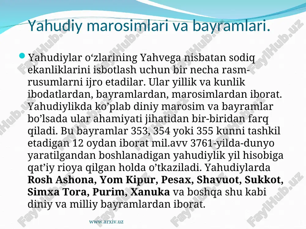 “simxa tora” (ibroniycha tavrot quvonchi) nishonlanadi. har bir yahudiy honadonida “tavrot” bo’lib, unga nisbatan hurmat hamma narsadan ustun turadi. biror yig’ilishda “tavrot” yerga tushirib yuborilgudek bo’lsa, u yerda bo;lganlarning barchasi kafforati evaziga o’ttiz kun ro’za tutishlari shart bo’lib qoladi. www.arxiv.uz simxa tora www.arxiv.uz