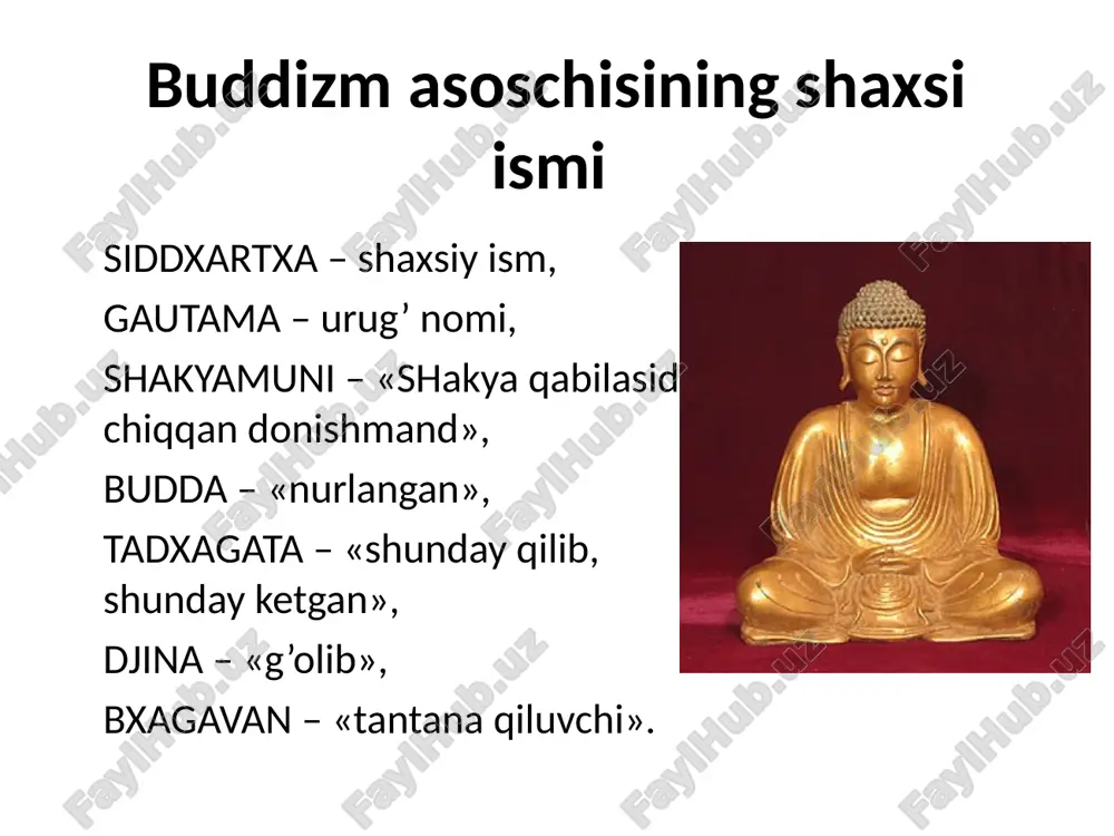aning birinchi da`vatida so`z yuritilgan to`rt haqiqatni bilish va unga ishonish; to`g’ri niyat qilish – dunyoviy lazzat-halovatlardan xalos bo`lishga, keraksiz fikrlar va boshqalarga zarar etkazib qo`yishdan saqlanishga intilish; o`zini to`g’ri tutish – o`ziniki bo`lmagan narsaga ko`z olaytirmaslik, ortiqcha hissiyotga berilmaslik; to`g’ri anglash – o`z tanasi va ruhiga o`zini yo`qotib qo`ymaydigan darajada nazoratda bo`lish hamda bunda ehtiroslar va iztiroblarga chek qo`yish; to`g’ri harakat qilish – o`zidagi yomon tuyg’ularni jilovlash hamda ezgu tuyg’ular va harakatlarni rivojlantirish; to`g’ri hayot kechirish – noma`qul hayot tarzidan saqlanish; to`g’ri fikr yuritish – kamolotning to`rt bosqichini ketma-ket bosib o`tish; to`g’ri gapirish – yolg’ondan, tuhmatdan, haqoratdan va befoyda gaplardan saqlanish. donishmandlik bu buddizmning asosiy maqsadi bo`lib, narsalar tabiatini to`g’ri tushunishdan iborat. yuqorida ko`rsatilgan uch amaliyot bosqichini o`tagan inson oxir-oqibat oliy saodatga, ya`ni nirvana holatiga erishadi. nirvana so`zining lug’aviy ma`nosi – «o`chish, so`nish». buddizm keng tarqaldi mil. av. 273-232 yillarda hukmronlik qilgan imperator ashoka davrida buddizm keng hududlarga jadal …