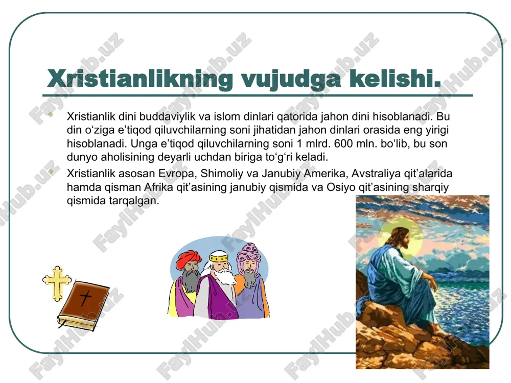 an. xurosonliklar va sug‘diyonaliklar zardushtiylar, monaviylar, buddaviylar, bilan bir qatorda xristianlar ham bo‘lgan. adabiyotlar:injil. stokgolm: bibliyani tarjima qilish instituti, 1992. apokrifi drevnix xristian: issledovanie, teksti, kommentarii. m., 1989. artemev a.i. svideteli iegovi kazaxstana i sredney azii: istoriko-religiovedcheskiy analiz. almati, 2002. bibleyskaya entsiklopediya. m., 1991. bulgakov s.n. pravoslavie. m., 1991. gergey ye. istoriya papstva. m., 1996.