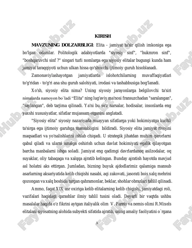 ada, eng rivojlangan mamlakatlarning siyosiy amaliyoti shuni ko‘rsatadiki, hokimiyatni taqsimlash va amalga oshirish jarayoni fuqarolarning teng qatnashishini nazarda tutmaydi. “elita” atamasi fransuz tilidan “elite” so‘zidan kelib chiqqan bo‘lib, “eng yaxshi, tanlangan, saralangan” degan ma’nolami bildiradi. shu bois ham siyosiy leksikonda, dastlab “elita” atamasi jamiyat boshqaruvi uchun tanlab olingan eng yaxshi odamlar, maxsus boshqaruv tizimi uchun tayyorlangan mutaxassislar, degan ma’nolarni bildiradi. keyinchalik xix asrga kelib “siyosiy elita” tushunchasining keng qamrovli talqini ilmiy jihatdan asoslandi. «siyosiy elita» atamasi o‘zining zamonaviy talqinida, butun jamiyat ustidan real hokimiyatga ega bo‘lgan «ozchilik» ijtimoiy guruhi sifatida siyosatshunoslikda xx asming boshlarida avstriyalik siyosatshunos r.mixels va ilmiy muomalaga “elita” atamasini kiritgan. siyosiy elita - bu hokimiyatga erishgan, jamiyat hayotining turli sohalarida buyruq beruvchi o‘rinlarni egallagan odamlar to‘dasi emas, balki barcha siyosiy tizimlarda bo‘ladigan, mukammal tashkil etilgan hamkorlik asosidagi ijtimoiy guruhlardir. «siyosiy elita» tushunchasini keng va tor ma’noda qo‘llash lozim. keng ma’noda «siyosiy elita» tushunchasi «hukmron elita» tushunchasiga teng. …