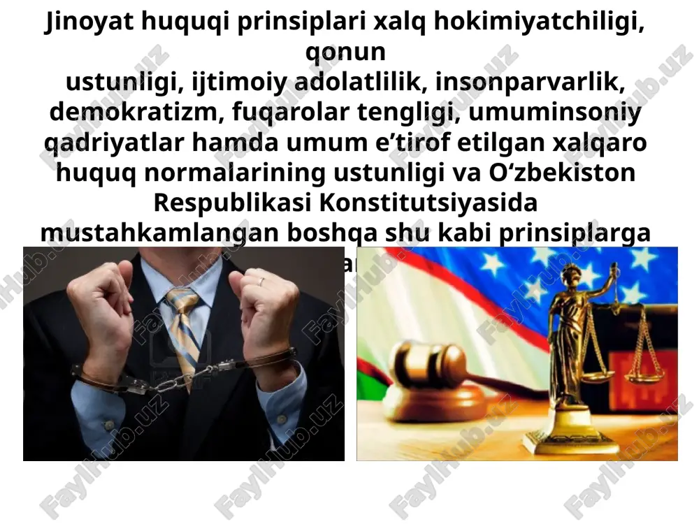soblanishi mumkin. savol va topshiriqlar 1. aybsizlik prezumpsiyasi nima? fikringizni asoslang. 2. o‘zbekiston respublikasi jinoyat huquqining asosiy prinsiplarini tushuntiring. 3. jinoyat qonun hujjatlarining asosiy vazifalari nimadan iborat? 4. jinoiy huquq normalari o‘z mazmuniga ko‘ra necha qismga bo‘linadi va ularning vazifalari nimalardan iborat? image1.jpg image2.jpeg image3.jpeg image4.jpeg image5.png image6.jpeg image7.jpeg image8.jpeg image9.jpeg image10.jpeg image11.jpeg image12.png image13.jpeg /docprops/thumbnail.jpeg