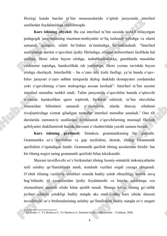 tomonidan bilimlarni samarali o‘zlashtirish, ularda shaxsiy sifatlarni rivojlantirishga xizmat qiladigan metodlar interfaol metodlar sanaladi.2 ona tili darslarida zamonaviy usullardan foydalanish o‘quvchilarning mustaqil fikrlash qobilyatini shakllantirish hamda mavzuni o‘zlashtirishda yaxshi samara beradi. kurs ishining predmeti: sintaksis grammatikaning bir qismidir. grammatika so‘z tuzilishini va gap tuzilishini, demak, tilning grammatik qurilishini o‘rgatadigan fandir. grammatik qurilish tilning asoslaridan biridir: har bir tilning negizi uning grammatik qurilishi bilan leksikasidir. shaxsni tavsiflovchi so‘z birikmalari tilning lisoniy-sintaktik imkoniyatlarini turli uslubiy qo‘llanishlarda atash, nomlash vazifasi orqali yuzaga chiqaradi. o‘zbek tilining vazifaviy uslublari orasida badiiy uslub obrazliligi, estetik zavq bag‘ishlashi, til vositalaridan ijodiy foydalanishi va barcha uslublarga xos elementlarni qamrab olishi bilan ajralib turadi. shunga ko‘ra, tilning go‘zallik javhari sifatida yetukligi badiiy nutqda aks etadi.ushbu kurs ishida shaxsni tavsiflovchi so‘z birikmalarining uslubiy qo‘llanilishini badiiy nutqda so‘z zargari 2 yo’doshev j., yo’ldosheva f., yo’ldosheva g. interfaol ta’lim - sifat kafolati. - toshkent, 2008. 4 abdulla qahhor yaratgan “sarob” romani misolida …