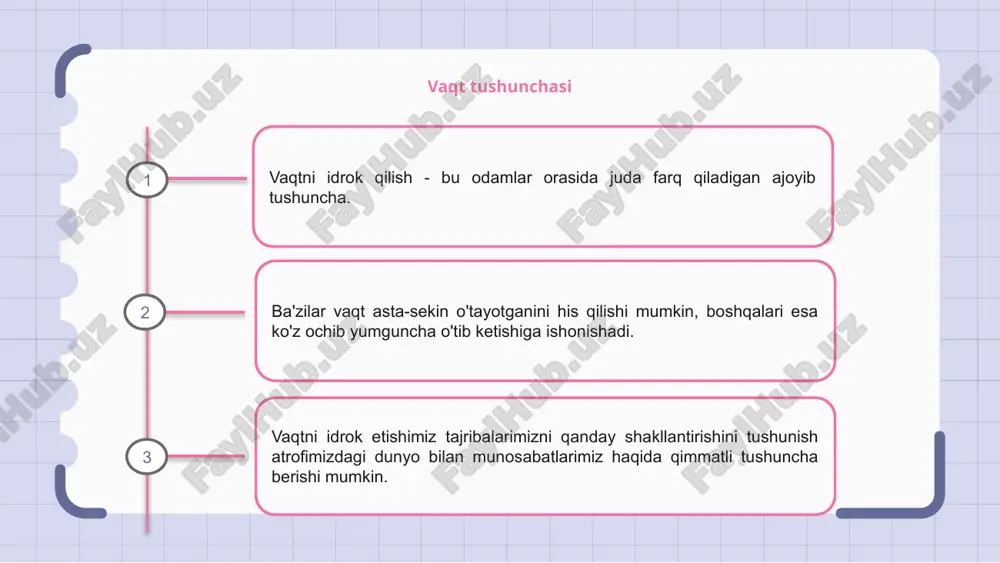 iga olib keladi. yoshning vaqtni idrok etishimizga qanday ta'sir qilishini tushunish, hayotimizning qaysi bosqichida bo'lishidan qat'i nazar, har bir lahzani qadrlashga va tajribalarimizdan unumli foydalanishga yordam beradi. vaqtni idrok etish psixologiyasi vaqtni idrok etish psixologiyaning qiziqarli o'rganish sohasi bo'lib, u odamlarning vaqt o'tishini qanday boshdan kechirishini va sharhlashni o'rganadi. bizning vaqtni his qilishimizga turli omillar, jumladan, his-tuyg'ularimiz, diqqat darajasi va tashqi ogohlantirishlar ta'sir qilishi mumkin. vaqtni idrok etish psixologiyasini tushunish biz qanday qaror qabul qilishimiz, vazifalarni birinchi o'ringa qo'yishimiz va oxir-oqibat hayotning o'zini qanday boshdan kechirishimiz haqida ma'lumot beradi. hayvonlarda vaqtni idrok etish hayvonlarda vaqtni idrok etish ularning biologik ritmlari va hissiy qobiliyatlariga qarab farqlanadi. ba'zi hayvonlarning xatti-harakatlari va atrof-muhit signallariga javoblarini tartibga soluvchi ichki soatlar mavjud. tadqiqotlar shuni ko'rsatdiki, hayvonlar vaqtni odamlarga qaraganda boshqacha idrok etadilar, ba'zi turlar esa vaqt o'tishini keskinroq his qiladi. bu ularning kundalik tartiblariga va boshqa turlar bilan o'zaro munosabatlariga ta'sir qilishi mumkin. hayvonlarning vaqtni …