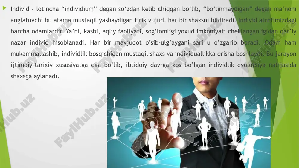 ‘ziga xos fazilatlari bilan ajralib turadi. individuallik – bu tushuncha shaxsning o‘ziga xos jihatlari, o‘ziga xosliklari yoki noyob xususiyatlarini anglatadi. individuallik shaxsning boshqa insonlardan farq qiladigan, unga xos bo‘lgan ichki va tashqi xususiyatlarni, dunyoqarashini, qiziqishlarini ifodalaydi. bu shaxsiyatning o‘ziga xos ko‘rinishidir. individ – bu tushuncha odatda umumiy holda insonni ifodalaydi. individ biologik mavjudot sifatida insonni anglatadi va uning boshqa odamlar bilan o'xshash jihatlarini ko'rsatadi. masalan, barcha insonlarda umumiy fiziologik xususiyatlar bor: yurak, miya, nerv tizimi va boshqalar. shaxs – shaxs tushunchasi individning ijtimoiy rolini ifodalaydi. shaxs faqatgina biologik mavjudot emas, balki ijtimoiy hayotda ishtirok etuvchi, ongli, mas’uliyatli, o‘ziga xos fazilat va xulqlarga ega odamdir. shaxs jamiyatda, oila, ish joyi, do'stlar orasida o'ziga xos o'ringa ega. shaxs bo'lish uchun individ jamiyatda rivojlanishi, o‘zini anglash va ijtimoiy rollarni bajarishi kerak. individuallik – individuallik shaxsning o'ziga xos, boshqa odamlar bilan farq qiluvchi jihatlaridir. bu uning qiziqishlari, xarakter xususiyatlari, dunyoqarashi va xatti-harakatlarida aks etadi. …
