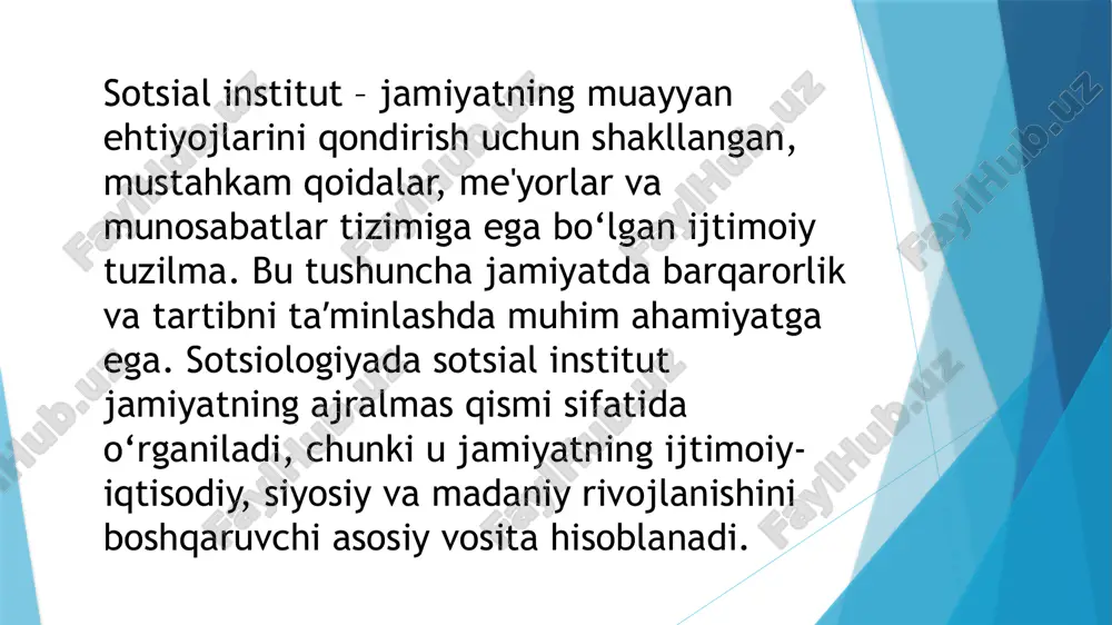tni o‘zaro bog‘lashida. misol uchun, taʼlim va oila insonni ijtimoiy meʼyorlarga tayyorlasa, iqtisodiyot va siyosiy institutlar jamiyatni moddiy va maʼnaviy jihatdan qo‘llab-quvvatlaydi. shu bilan birga, sotsial institutlar faqat o‘z funksiyalarini to‘g‘ri bajarish bilan emas, balki o‘zaro hamkorlik orqali jamiyatni yaxlit bir tizim sifatida ushlab turadi. har qanday jamiyatning barqarorligi va taraqqiyoti sotsial institutlarning samarali faoliyatiga bog‘liq. agar ular o‘z vazifalarini to‘g‘ri bajarsa, jamiyatning har bir aʼzosi o‘zini himoyalangan, rivojlangan va farovon his qiladi. ammo agar sotsial institutlar zaiflashsa, jamiyatda mojarolar, betartiblik va izdan chiqish xavfi ortadi. shuning uchun sotsial institutlarni zamon talablariga mos ravishda rivojlantirish va ularga eʼtibor qaratish muhim. foydalanilgan adabiyotlar ro’yhati 1. b.normurodov va g.normurodova "sotsiologiya'' tafakkur nashriyoti-2010. 2. m.x.ashurov "sotsiologiya" fanidan oʻquv qoʻllanma. 3.entoni giddens "sotsiologiya nazariyalari" blackwell publishing- 2005. 4.jorj ritzer " sotsiologiya: fanning qisqa tarixi"polity press 2011 image1.png image2.png image3.png /docprops/thumbnail.jpeg