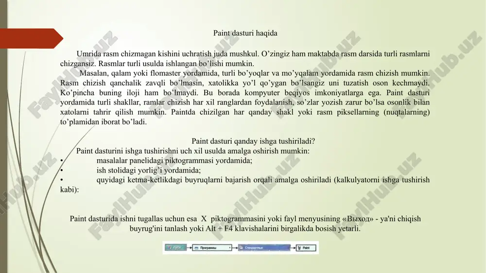 nalar (qalam bo'yoq purkagich, o'chirg'ich, ...), turli chiziq va shakllar majmuidan iborat. ranglar majmui (palitra) turli rangdagi chiziqlarni chizish va bo'yashda rang tanlash uchun ishlatiladi. holat satrida sichqoncha ko'rsatkichi turgan joyga mos nuqralar o'rni ko'rsatiladi. paint qanday tashkil etilgan? paint dasturining muloqot oynasi quyidari asosiy qismlardan tashkil topgan: fayl, tahrir, ko'rinish va rasm menyulari nimalardan iborat? «fayl» menyusi yordamida rasm chizish uchun yangi ishchi maydon hosil qilish, saqlangan rasmni diskdan o'qib olish, hosil qilingan rasmni saqlab qo'yish, rasmni boshqa nom bilan saqlash, ishchi maydondagi rasmni qog'ozga chop etish va dasturdan chiqish amallarini bajarish mumkin. u quyidagi amallardan iborat: «tahrir» menyusi yordamida oxirgi bajarilgan amalni bekor qilish va qayta tiklash tasvirning belgilangan qismini qirqib olish yoki nusxalash, olingan nusxani tasvirga joylashtirish yoki diskda saqlab qo'yish mumkin. u quyidagi amallar majmuiga ega: «ko'rinish» menyusi yorda-mida paintning ba'zi elementlarini (uskunalar paneli, ranglar majmui va h.k.) o'rnatish yoki olib qo'yish, ishchi maydondagi tasvirning o'lchamini …