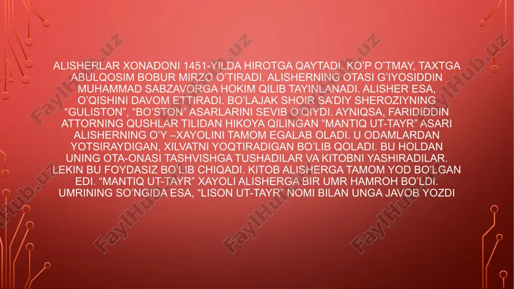 evon” nomi bilan mashhurdir. 1469-yilda hirot taxtiga husayn boyqaro chiqdi va samarqandga xat yo’llab , maktabdosh dosti alisher navoiyni o’z yoniga chaqirib oladi. davlat ishlariga jalb etadi, muhrdor qilib tayinlaydi. shu tariqa, buyuk shoir husayn boyqaro saroyida 1469-1472-yillarda muhrdor, 1472-1476-yillarda vazir bo’lib ishladi. 1487-1488-yillarda astrobodga hokimlik qildi. husayn boyqaro hokimiyat ishlarida navoiyning aql va sadoqatiga tayanib ish ko’rdi. uni, qarshiligiga qaramasdan, yuqori martabalarga tayaniladi. 1483 – yilda turkiy tilda birinchi bo’lib nizomiy gankaviydan keyin hech qaysi shoir yozmagan “xamsa” yozishga kirishdi va juda qisqa muddat – ikki yilda besh yirik dostondan iborat “xamsa” ni yozib tugatdi. bular “hayrat ul-abror”, “farhod va shirin”, “layli va majnun”, “sab’ai sayyor”, “saddi iskandariy” dir. ilm va ijod ahli bu voqeani zo’r shodliklar bilan qarshi oldi. abdurahmon jomiy navoiy “xamsa” siga yuksak baho berdi. husayn boyqaro buyuk shoirni o’zining oq otiga mindirib, unga jilovdorlik qilib, hirot ko’chalarini aylantirdi. 1491-yilda shoir muammo janriga bag’ishlangan “risolai muammo” …