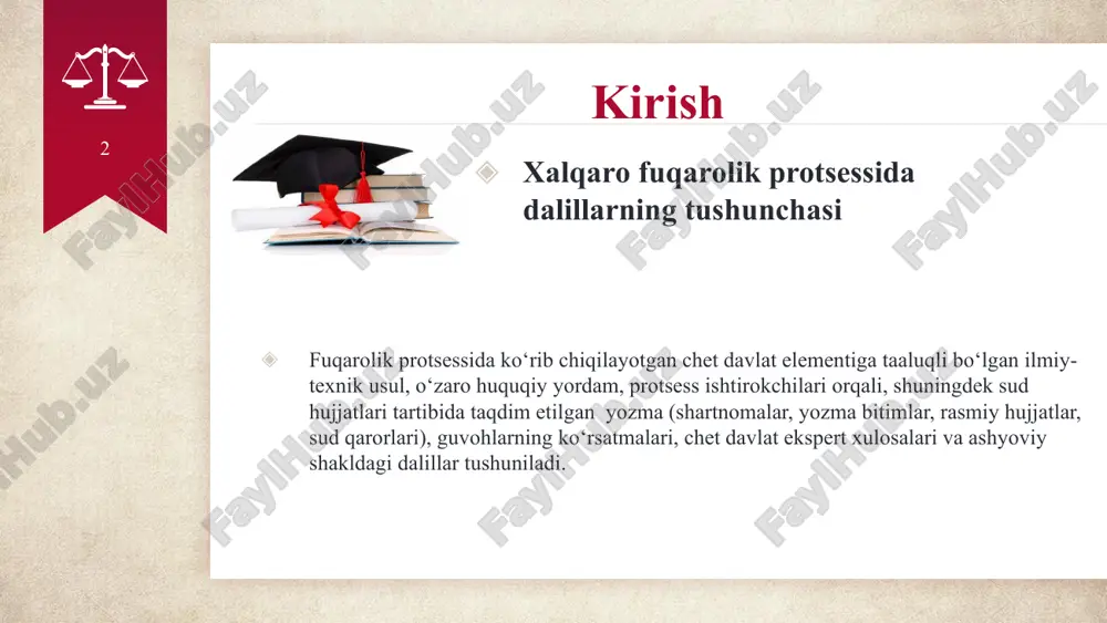 ormalar nazarda tutilgan bo‘lib unga ko‘ra, chet davlatga nisbatan da’vo taqdim etilishiga, da’voning ta’minlanishiga va undiruvning chet davlatning o‘zbekiston respublikasidagi mol-mulkiga qaratilishiga faqat tegishli davlatning vakolatli organlari roziligi bilan yo‘l qo‘yilishi mumkin. e’tibor qaratish lozimki, mazkur normada dalillarni ta’minlash masalasi ochiq qolgan. bu esa o‘z navbatida, fuqarolik protsessida chet el fuqarolari va tashkilotlarining, fuqaroligi bo‘lmagan shaxslarning ishtiroki bilan bog‘liq ishlarda dalillarni ta’minlash borasida turli xil tushunmovchilik va muammolarni keltirib chiqaradi. yuqoridagilardan kelib chiqib, amaldagi fuqarolik protsessual kodeksining 362-moddasini quyidagicha ikkinchi qism bilan to‘ldirish taklif etiladi: “chet davlatlarga nisbatan da’volarda taraflarning arizasiga ko‘ra yoki sudning tashabbusi bilan dalillarni ta’minlashga yo‘l qo‘yiladi. bunda tegishli davlatning vakolatli organlari roziligi talab etilmaydi”. 11 3-taklif fuqarolik protsessual kodeksining 233-moddasida yozma dalillarni tekshirish tartibi keltirilgan bo‘lib, chet davlatda olingan hujjat yozma dalil sifatida ko‘rib chiqilayotganda uning haqiqiyligini aniqlash tartibi bayon etilmagan. bundan ko‘rinadiki, chet davlatda olingan dalilni haqiqiyligiga baho berish uchun ishda ishtirok etuvchi shaxslar, ekspertlar …