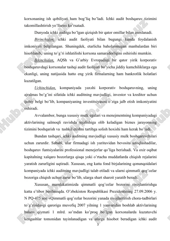 ko’proq bo’lgan korxonalarda kuzatuvchi kengashlar tomonidan tayinlanadigan va ularga hisobot beradigan ichki audit xizmatlari tashkil etildi. bu esa o’z navbatida yirik korxonalar va aktsiyadorlik jamiyatlarining moliyaviy xo’jalik faoliyatini, buxgalteriya hisobi ma’lumotlarini o’z vaqtida va me’yoriy hujjatlar asosida yuritilishida, ichki nazoratni kuchayishiga, korxonaning bankrotlik holatidan qutqarishga xizmat qiladi. korxonalarda ichki audit xizmatini tashkil etish yuzasidan o’zbekiston respublikasi vazirlar mahkamasining 2006 yil 16 oktyabrdagi 215 sonli qaroriga 2-ilova “korxonalarda ichki audit xizmati to’g’risidagi nizom” ishlab chiqilgan bo’lib, unda umumiy qoidalar, ichki audit xizmatining asosiy vazifalari va funktsiyalari, ichki audit xizmatining huquq va majburiyatlari, ichki audit xizmatiga qo’yiladigan talablar, ichki audit xizmatining mustaqilligi va uni o’tkazish natijalari bo’yicha yig’ma hisobot tuzishga qo’yiladigan talablar, ichki audit xizmatining javobgarligi belgilab qo’yilgan. unga ko’ra; ichki audit deb korxona boshqaruvining ijro etuvchi organi va tarkibiy bo’linmalari tomonidan o’zbekiston respublikasi qonun hujjatlariga; ta’sis hujjatlariga va ichki hujjatlariga rioya qilinishini tekshirish va monitoring olib borish yo’li bilan ular ishini …
