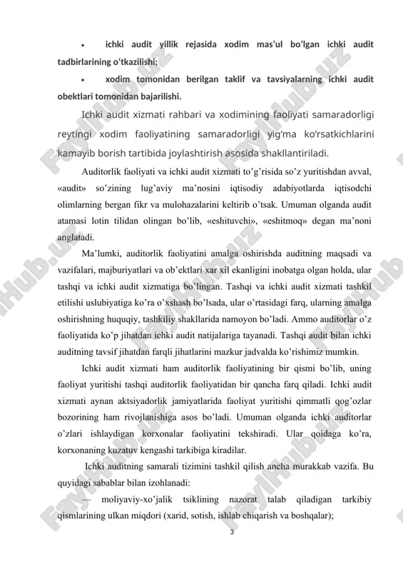 ng o’zi va uning tuzilmaviy bo’linmalari faoliyatini boshqarish samaradorligini oshirish; — resurslardan oqilona foydalanish ustidan nazorat; — majburiyatlarni bajarish; — hisob tizimini optimallashtirish. ichki ishlab chiqarish auditini tashkil qilish davlat tomonidan qonunchilik asosida tartibga solinadigan masalalar sirasiga kiritilmaydi. bu korxonaning o’ziga taalluqli huquq hisoblanadi. shunga qaramay, uning faoliyati samaradorligiga nafaqat iqtisodiy sub’ekt aktivlari saqlanganligi, balki korxonaning ish qobiliyati ham bog’liq bo’ladi. ichki audit boshqaruv tizimini takomillashtirish yo’llarini ko’rsatadi. dunyoda ichki auditga bo’lgan qiziqish bir qator omillar bilan asoslanadi. birinchidan, ichki audit faoliyati bilan bugungi kunda foydalanish imkoniyati belgilangan. shuningdek, etarlicha baholanmagan manbalardan biri hisoblanib, uning to’g’ri ishlatilishi korxona samaradorligini oshirishi mumkin. ikkinchidan, aqsh va g’arbiy evropadagi bir qator yirik korporativ boshqaruvdagi korxonalar tashqi audit faoliyati bo’yicha jiddiy kamchiliklarga ega ekanligi, uning natijasida hatto eng yirik firmalarning ham bankrotlik holatlari kuzatilgan. uchinchidan, kompaniyada yaxshi korporativ boshqaruvning, uning ajralmas bo’g’ini sifatida ichki auditning mavjudligi, investor va kreditor uchun ijobiy belgi bo’lib, kompaniyaning …
