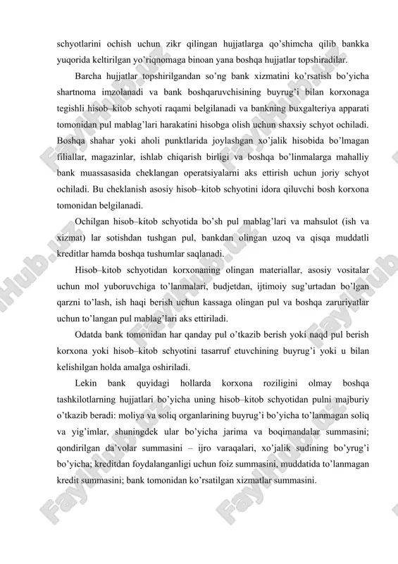 summasini – ijro varaqalari, xo’jalik sudining bo’yrug’i bo’yicha; kreditdan foydalanganligi uchun foiz summasini, muddatida to’lanmagan kredit summasini; bank tomonidan ko’rsatilgan xizmatlar summasini. yuridik shaxsning talab qilib olguncha depozit schyotida yetarli darajada pul mablag’lari bo’lsa, pul o’tkazib berish uning buyrug’i yoki boshqa to’lov hujjatlari bilan amalga oshiriladi. yuridik shaxsning talab qilib olguncha depozit schyotida pul mablag’lari yetarli bo’lmasa, amaldagi yo’riqnomaga binoan birinchi navbatda budjetga, pensiya fondiga va ish haqiga to’lashni nazarda tutuvchi hujjatlar bo’yicha mutanosib to’lanadi. yuridik shaxsning bankdagi schyotiga bo’lgan boshqa barcha to’lanmalar yuqorida ko’rsatilgan talablar qondirilgandan so’ng to’lanadi. hisob–kitob schyotida sodir bo’ladigan pul mablag’lar harakati (pulni qabul qilish va berish yoki naqd pulsiz kirim va chiqim) bank tomonidan chiqarilgan mahsus hujjatlar shakllariga asosan rasmiylashtiriladi. ularning kengroq tarqalganlari quyidagilar: naqd pul topshirish e’loni, pul cheki, hisoblashish cheki, to’lov topshirig’i, to’lov talabnomasi. pul to’lash to’g’risidagi ushbu e’lon hisob-kitob schyotiga naqd pul o’tkazishda yoziladi. pulni qabul qilib olganligi to’g’risida bank pul to’lovchiga …