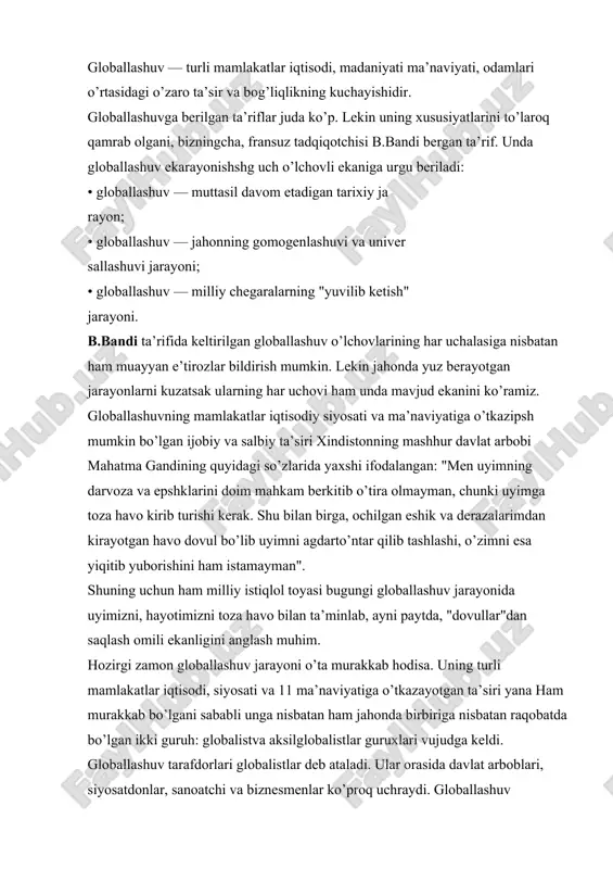 ham murakkab bo’lgani sababli unga nisbatan ham jahonda birbiriga nisbatan raqobatda bo’lgan ikki guruh: globalistva aksilglobalistlar guruxlari vujudga keldi. globallashuv tarafdorlari globalistlar deb ataladi. ular orasida davlat arboblari, siyosatdonlar, sanoatchi va biznesmenlar ko’proq uchraydi. globallashuv muxoliflari esa aksilglobalistlar nomini olgan bo’lib, ular orasida ko’proq so’l kuchlar, kasaba uyushmalari va yoshlar tashkilotining vakillari bor. mdx hududida aksilglobalistlar rossiya federasiyasi hududida faol harakat olib bormoqda. bu yerda ular turli anjumanlar, seminarlar o’tkazish uchun to’planib turadilar. xx asr o’rtalarida globallashuvning institutsionallashuvi, ya’ni tashkillashuvi kuchaygandan keyin bu jarayonning o’zi ham keskin tezlashdi va shiddatli tus oldi. institusionallashuvning kuchayganini butunjahon savdo tashkiloti, xalqaro valyuta jamg’armasi, jahon banki, yevropa taraqqiyoti va tiklanish banki tashkilotlarining vujudga kelgani misolida ham ko’rish mumkin. globallashuvning tezlashishi va kuchayishiga javob sifatida aksilglobalistlarning faoliyati ham kuchaydi. ular globallashuvning faqat salbiy oqibatlariga emas, umuman uning o’ziga ham qarshi chiqa boshladilar. masalan, rossiyalik faylasuf va yozuvchi a.zinovyev "aksilglobalizm vektorlari" nomli anjumanda so’zlagan nutqida shunday …