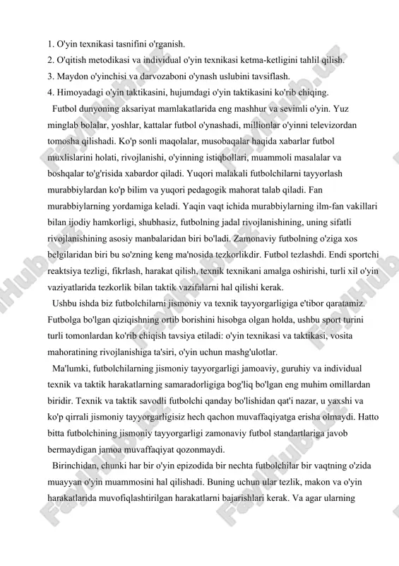 : o'yin texnikasi va taktikasi, vosita mahoratining rivojlanishiga ta'siri, o'yin uchun mashg'ulotlar. ma'lumki, futbolchilarning jismoniy tayyorgarligi jamoaviy, guruhiy va individual texnik va taktik harakatlarning samaradorligiga bog'liq bo'lgan eng muhim omillardan biridir. texnik va taktik savodli futbolchi qanday bo'lishidan qat'i nazar, u yaxshi va ko'p qirrali jismoniy tayyorgarligisiz hech qachon muvaffaqiyatga erisha olmaydi. hatto bitta futbolchining jismoniy tayyorgarligi zamonaviy futbol standartlariga javob bermaydigan jamoa muvaffaqiyat qozonmaydi. birinchidan, chunki har bir o'yin epizodida bir nechta futbolchilar bir vaqtning o'zida muayyan o'yin muammosini hal qilishadi. buning uchun ular tezlik, makon va o'yin harakatlarida muvofiqlashtirilgan harakatlarni bajarishlari kerak. va agar ularning kamida bittasi mos keladigan funktsiyaga ega bo'lmasa, unda o'yin epizodining muammosini hal qilish mumkin bo'lmaydi. masalan, jismoniy holati zaif bo'lgan o'yinchi taktik jihatdan foydali pozitsiya uchun kurashda raqibni ortda qoldirishga yoki to'p uchun jang san'atini yo'qotishga va hokazolarga vaqt topa olmaydi. ikkinchidan, chunki o'yinda har bir futbolchi taktik vaziyatlarni tez va aniq baholashi, …