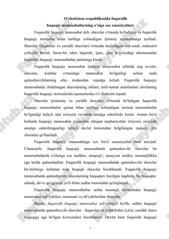 ning huquqlari buzilgan taqdirda, bu huquqlar, odatda, da'vo qo'zg'atish yo'li bilan sudlar tomonidan qo'riqlanadi. fuqarolik huquqiy munosabatlar uchta mustaqil elementdan huquqiy munosabat sub'yektlari, mazmuni va ob'yektlaridan iboratdir. bunda, fuqarolik huquqiy munosabat sub'yektlari bo'lib, ushbu huquqiy munosabatda qatnashuvchi shaxslar - fuqarolar va tashkilotlar (ya'ni, yuridik shaxs huquqiga ega bo'lgan korxonalar) hisoblanadi. davlat ham fuqarolik huquqiy munosabat sub'yekti bo'lishi mumkin. fuqarolik huquqiy munosabatda qatnashuvchi shaxslar fuqarolik huquq layoqatiga, ya'ni fuqarolik huquqlari va burchlariga ega bo'lish layoqatiga molik bo'lishlari lozim. fuqarolik huquqiy munosabatning mazmunini shu munosabatda qatnashuvchi shaxslarning sub'yektiv huquqlari va burchlari tashkil etadi. ba'zi mualliflar fuqarolik huquqiy munosabatning mazmunini bunday munosabat qatnashchilarining o'z sub'yektiv huquq va majburiyatlariga muvofiq amalga oshiradigan o'zaro harakatlari tashkil etadi, sub'yektiv huquqlar va burchlar esa huquqiy munosabatning huquqiy shaklidir, deb hisoblaydilar. sub'yektiv huquq deyilganda, muayyan huquqiy munosabatda qatnashuvchi shaxsga tegishli huquq tushuniladi. sub'yektiv huquqlar ob'yektiv huquq normalari, ya'ni davlat tomonidan belgilangan umumiy qoidalar asosida vujudga keladi va ularga …