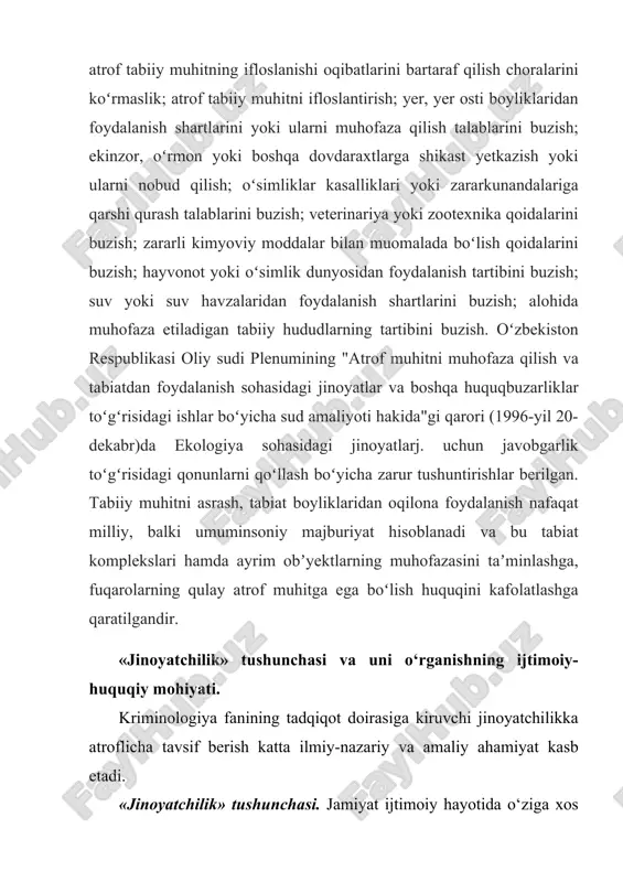 ligi esa o‘ziga xos xilma- xillikdan iboratdir. shu bilan birga, jinoyatchilik umumiy miqyosda jinoyatlar va ji​noyatchilarning barcha individual jihatlarini o‘zida mujasamlantirgan holda «shakllanadi» hamda barchasiga xos bo‘lgan umumiy belgilarni ham o‘zida namoyon etadi. bu esa, jinoyatchilikning umumiy miqdorini anglatgan holda, uning sodir etilish hududi va aniq vaqtlarini ham belgilash imkonini beradi. ushbu holatda umumiy miqdor rasman jinoyatchilikning miqdorini anglatsa-da, jinoyatchilikning «xilma-xilligi» uning turli sifatlarga ega ekanligini bildiradi. ya’ni jinoyatchilikning umumiy miqdori yuzta deb qayd etilsa, har bir jinoyat yoki, umuman, turli qonunbuzarliklar aynan shu yuzta holatda turlicha nisbatda uchrashi mumkin. jinoyatchilik mavjud voqelik sifatida o‘ziga xos bo‘lgan belgilar va xususiyatlarning mantiqan bog‘liqligini umumlashtiradi, ya’ni jinoyatchilik ommaviy, ijtimoiy va huquqiy jihatdan namoyon bo‘ladi. jinoyatchilikning ushbu belgi va xususiyatlari esa uning tushunchasini ifodalaydi. demak, jinoyatchilik qiyosiy jihatdan ommaviy bo‘lib, u yoki bu davlat jinoyat qonunchiligi bilan jinoyat deb belgilangan ijtimoiy-huquqiy munosabatlarning ma’lum bir davr oralig‘ida buzilishidir. jinoyatning belgi va xususiyatlari umumiy, shu …