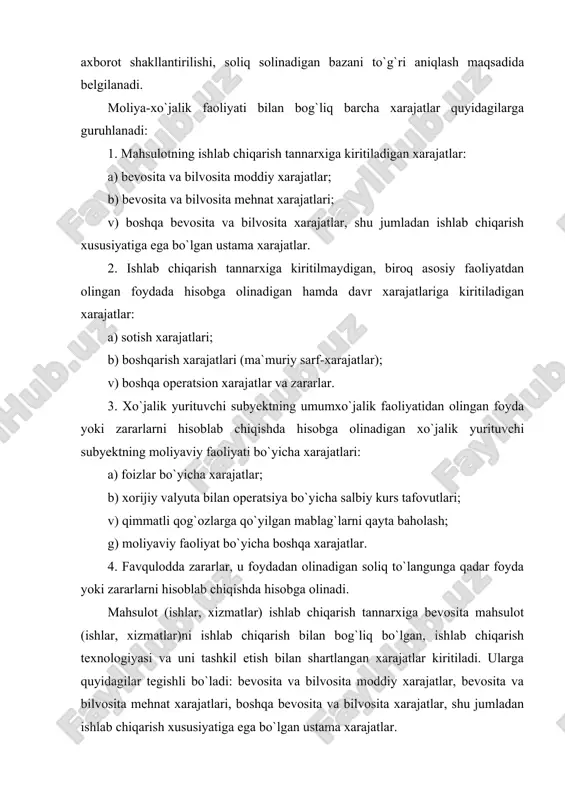 atlar kiritiladi. ularga quyidagilar tegishli bo`ladi: bevosita va bilvosita moddiy xarajatlar, bevosita va bilvosita mehnat xarajatlari, boshqa bevosita va bilvosita xarajatlar, shu jumladan ishlab chiqarish xususiyatiga ega bo`lgan ustama xarajatlar. mahsulot (ishlar, xizmatlar)ning ishlab chiqarish tannarxini hosil qiluvchi xarajatlar ularning iqtisodiy mazmuniga ko`ra quyidagi elementlar bilan guruhlarga ajratiladi: 1. ishlab chiqarish moddiy xarajatlar (qaytariladigan chiqitlar qiymati chiqarib tashlangan holda); 2. ishlab chiqarish xususiyatiga ega bo`lgan mehnatga haq to`lash xarajatlari; 3. ishlab chiqarishga tegishli bo`lgan ijtimoiy sug`urtaga ajratmalar; 4. asosiy fondlar va ishlab chiqarish ahamiyatiga ega bo`lgan nomoddiy aktivlar amortizatsiyasi; 5. ishlab chiqarish ahamiyatiga ega bo`lgan boshqa xarajatlar. 1. moddiy xarajatlar xarajatlarning eng muhim va asosiy qatori hisoblanadi. ularning jami xarajatlar tarkibidagi salmog`i ishlab chiqarish, faoliyat xususiyatlaridan kelib chiqadi. sanoat bo`g`inida moddiy xarajatlar salmog`i 60-70 foizgacha tashkil etadi. ishlab chiqarish bilan bog`liq bo`lgan moddiy xarajatlar tarkibiga quyidagi xarajatlar kiritiladi. moddiy xarajatlar tarkibi ishlab chiqariladigan mahsulotning asosini tashkil etib uning tarkibiga kiradigan …